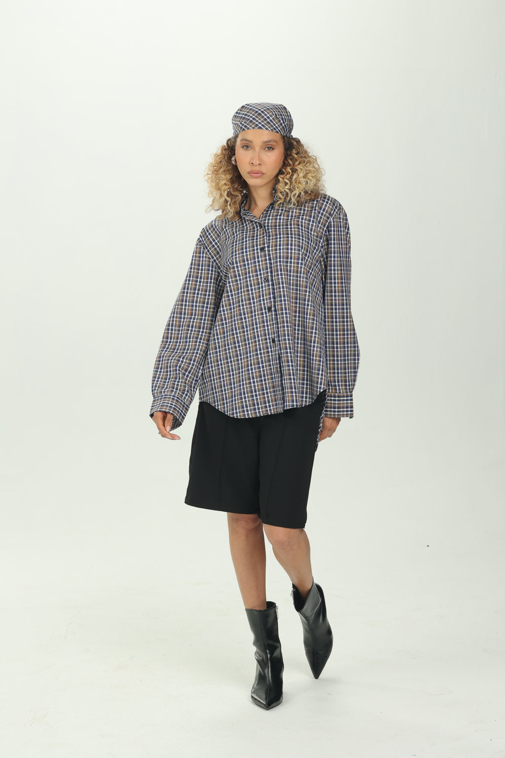 Checked Navy Multiway Shirt with Detachable Scarf