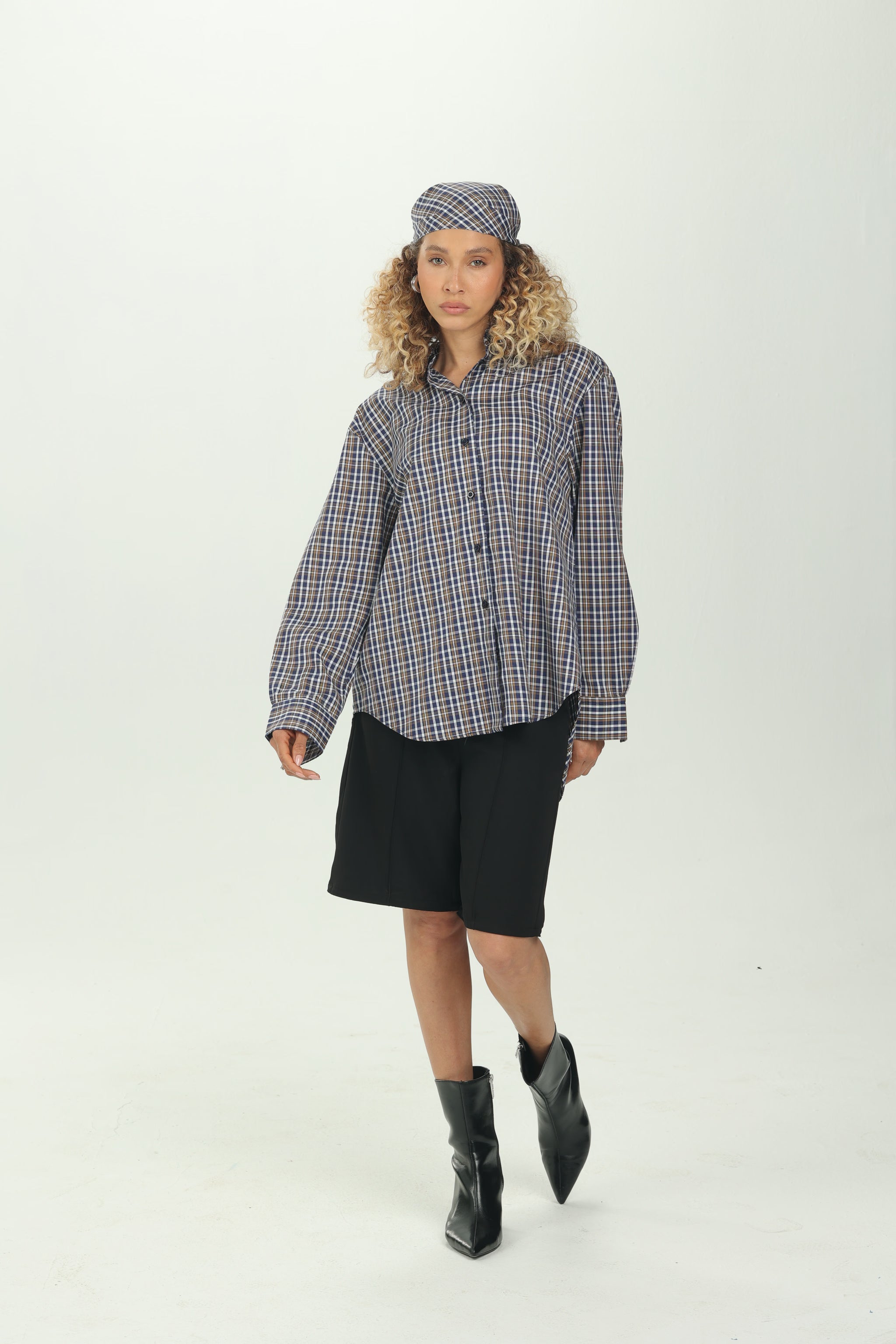 Checked Navy Multiway Shirt with Detachable Scarf