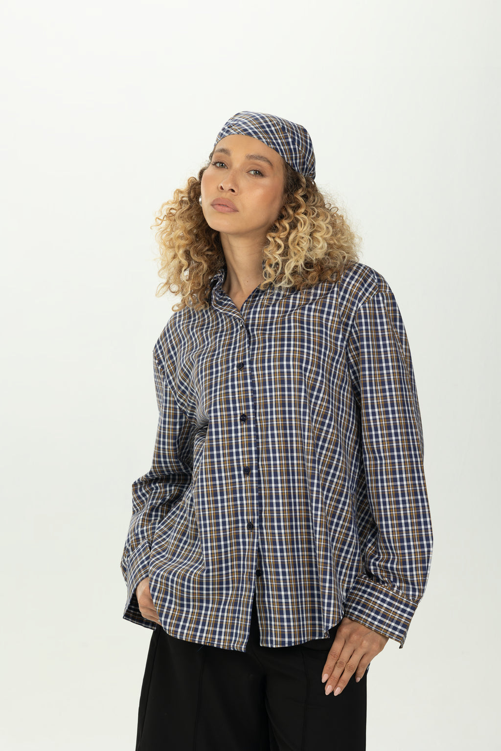 Checked Navy Multiway Shirt with Detachable Scarf