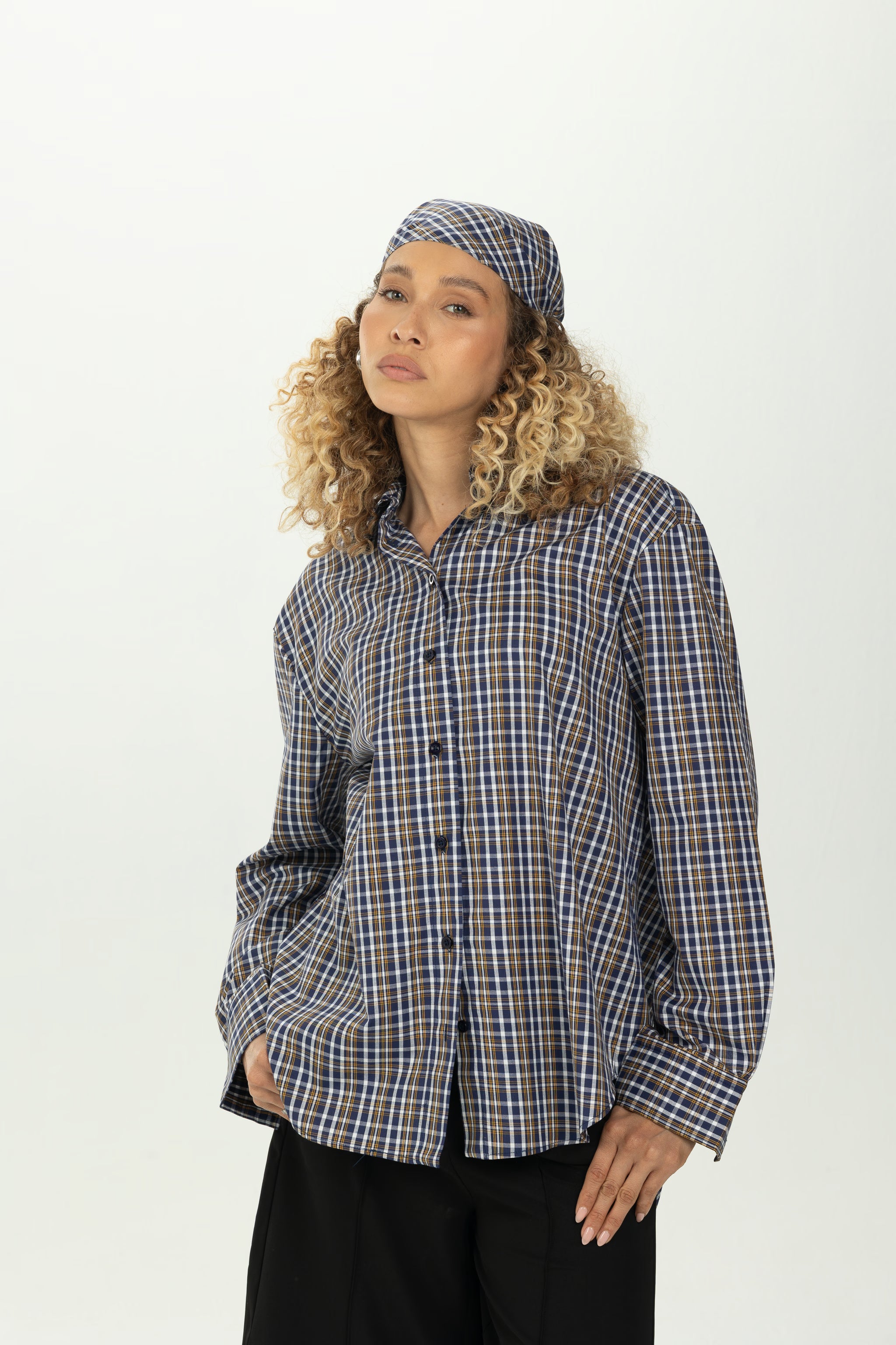 Checked Navy Multiway Shirt with Detachable Scarf