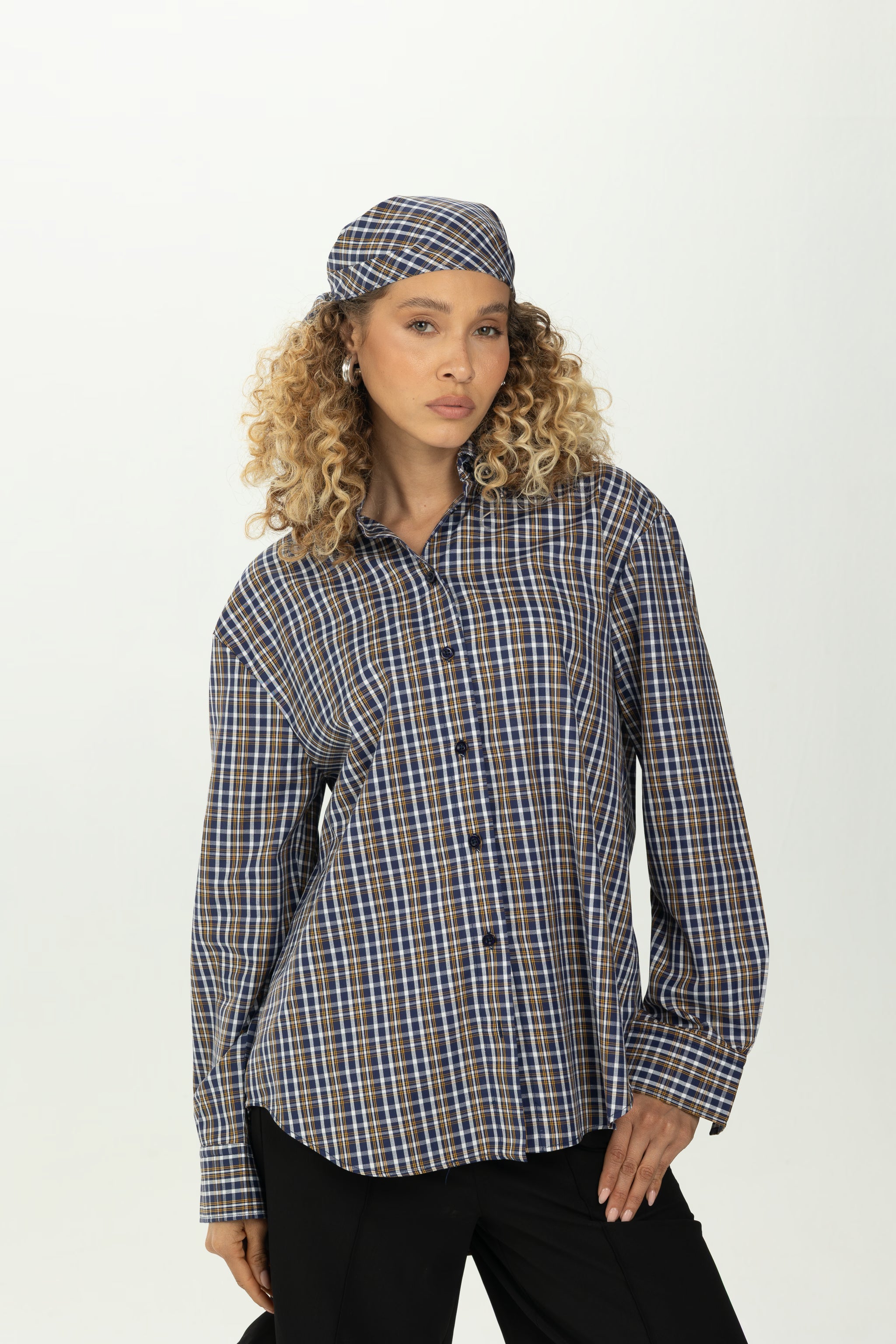 Checked Navy Multiway Shirt with Detachable Scarf