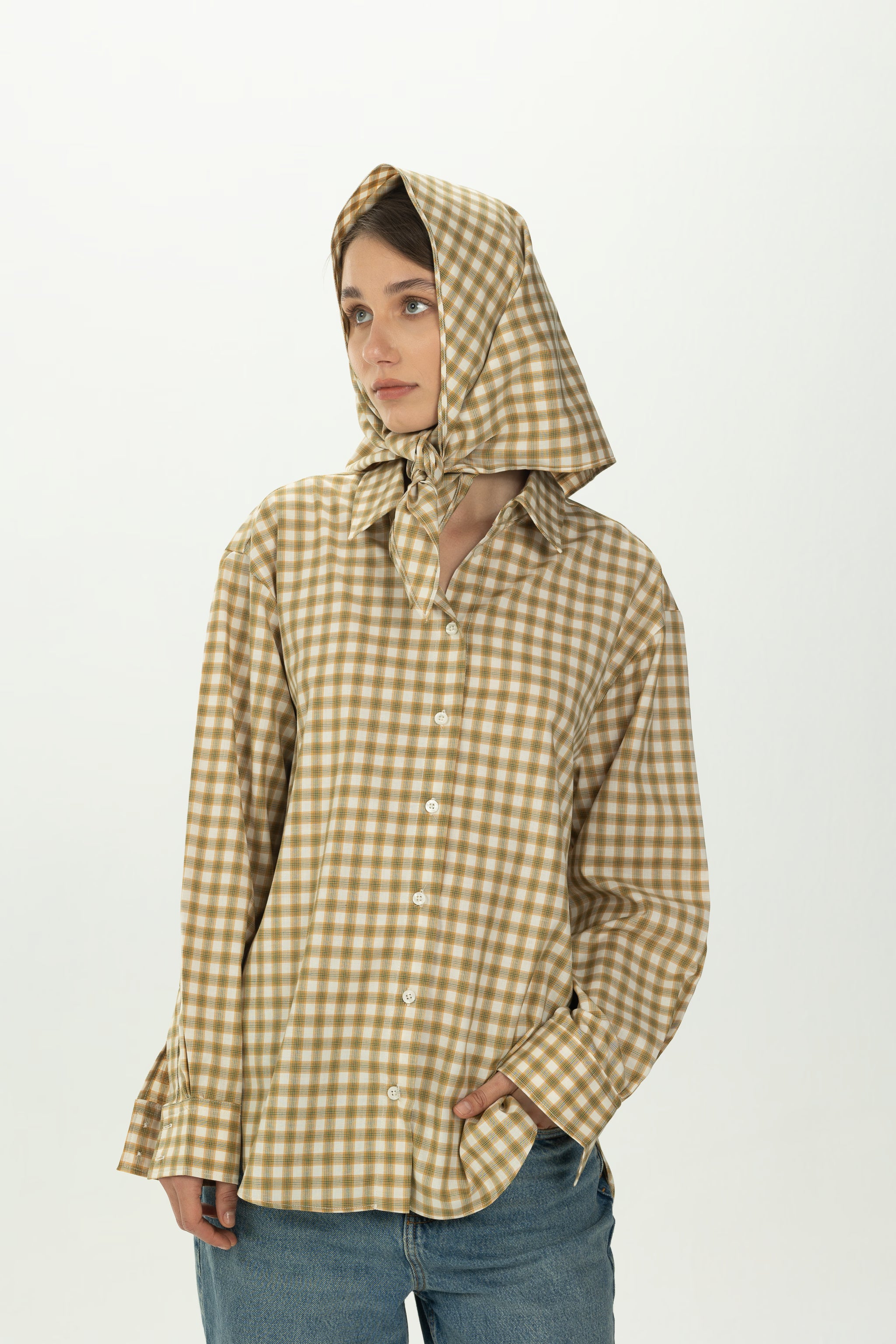 Checked Yellow Multiway Shirt with Detachable Scarf