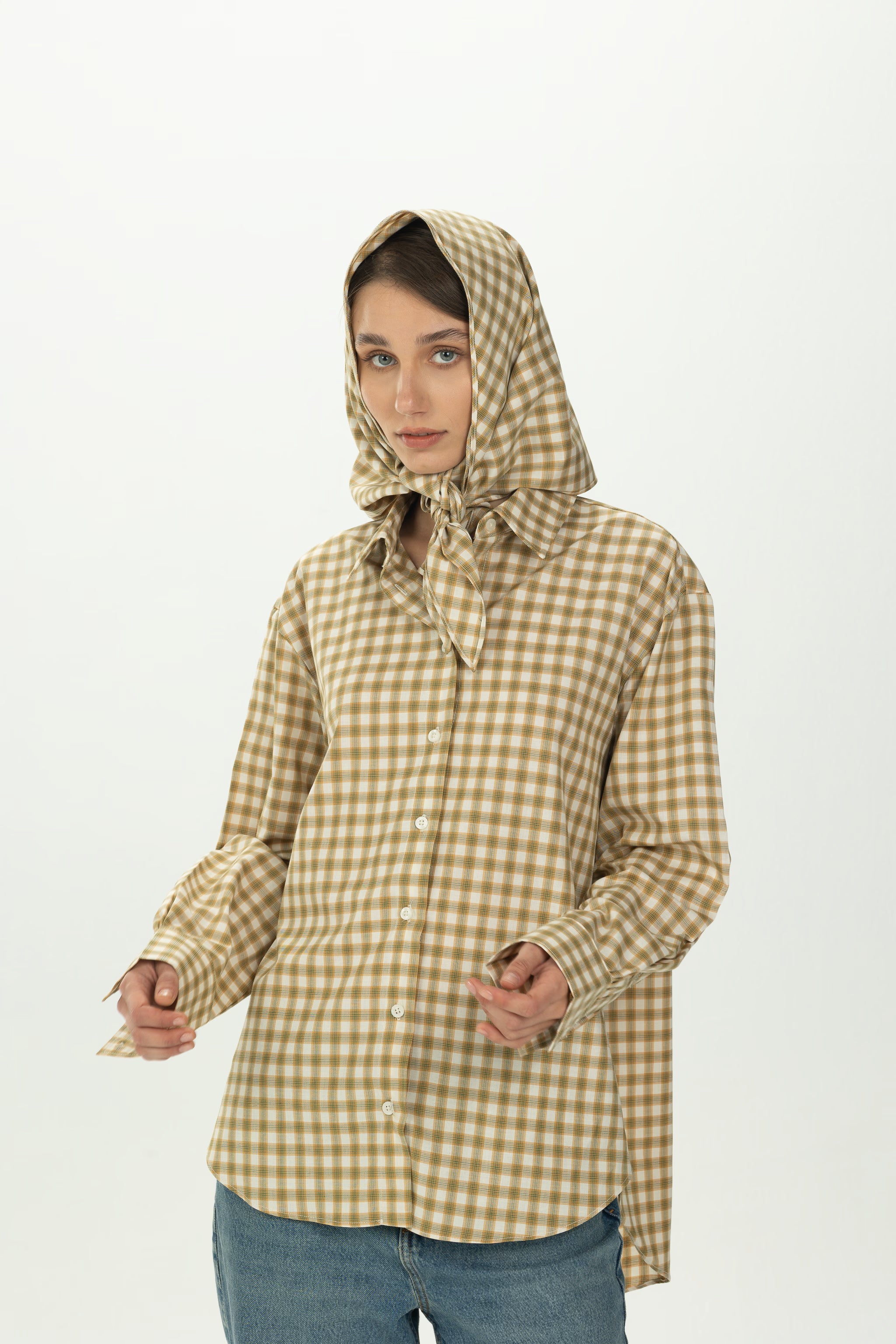 Checked Yellow Multiway Shirt with Detachable Scarf