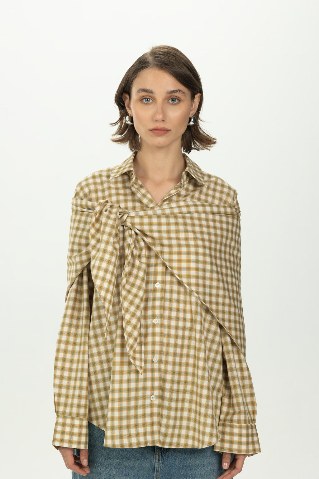 Checked Yellow Multiway Shirt with Detachable Scarf