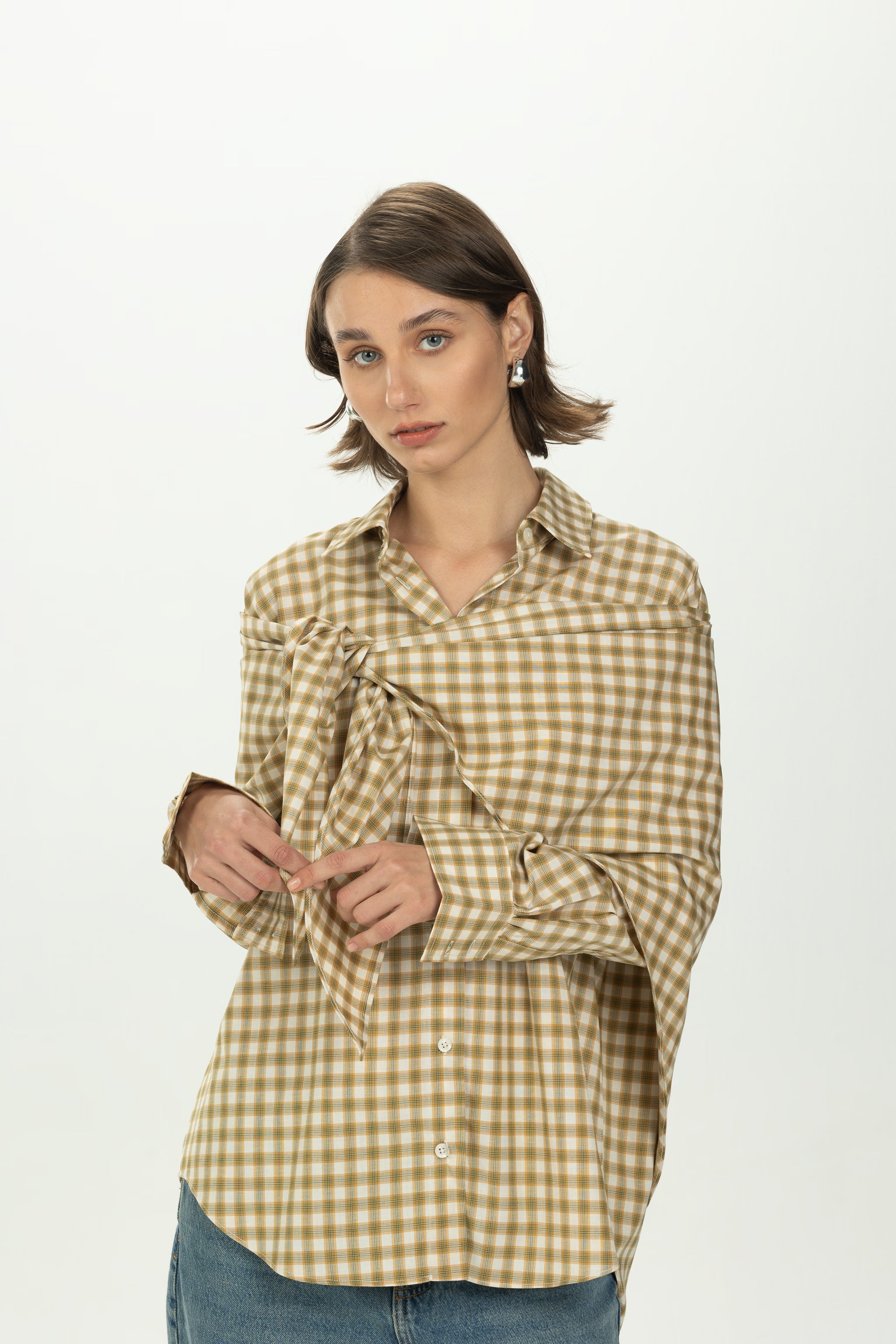 Checked Yellow Multiway Shirt with Detachable Scarf