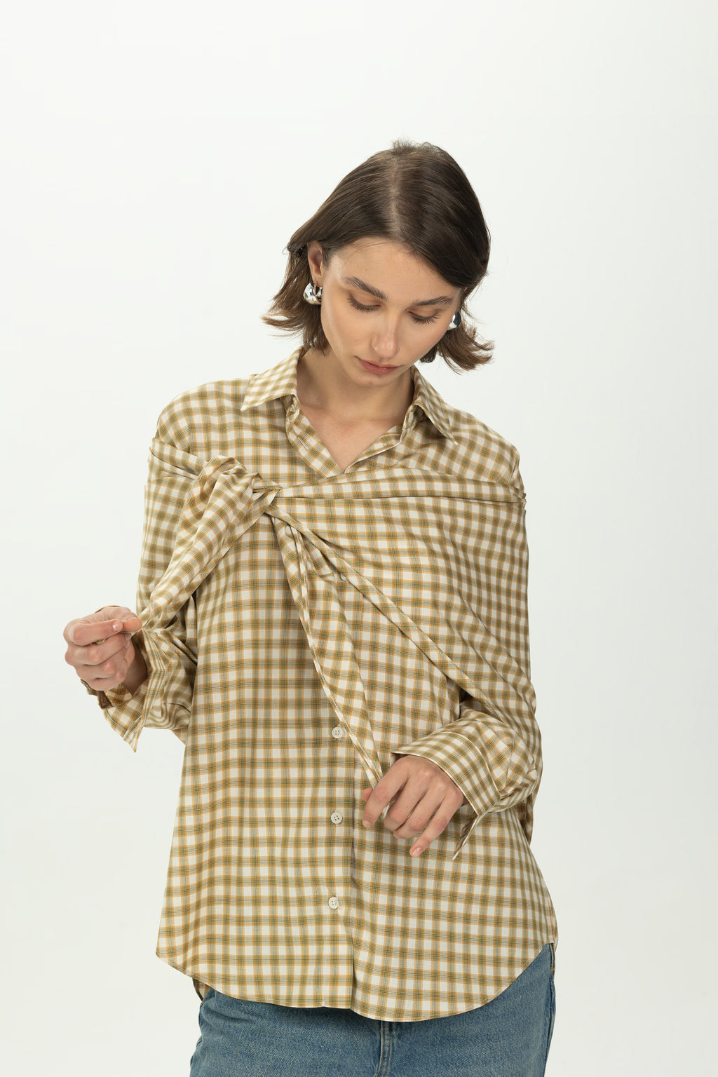Checked Yellow Multiway Shirt with Detachable Scarf