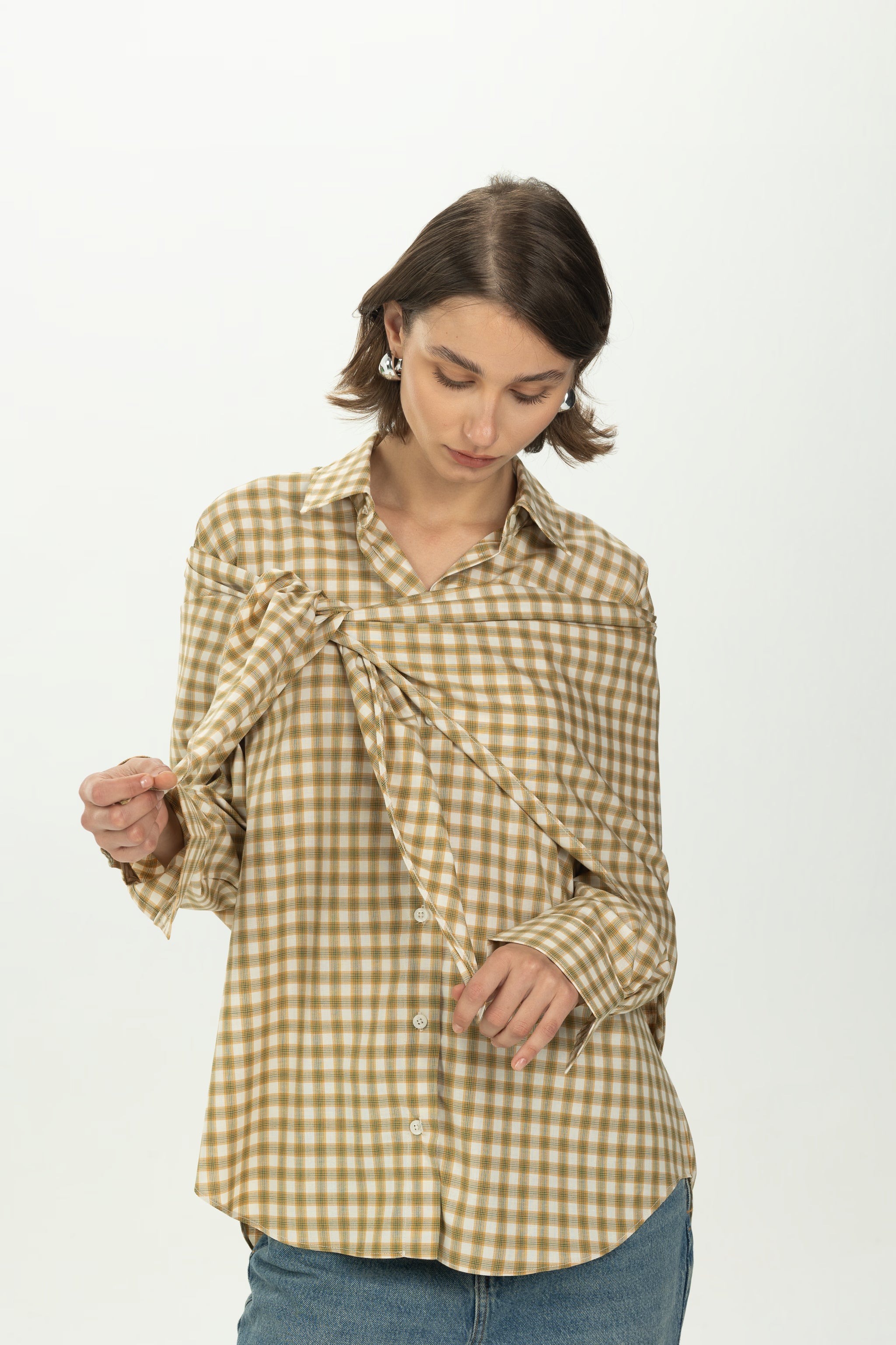 Checked Yellow Multiway Shirt with Detachable Scarf