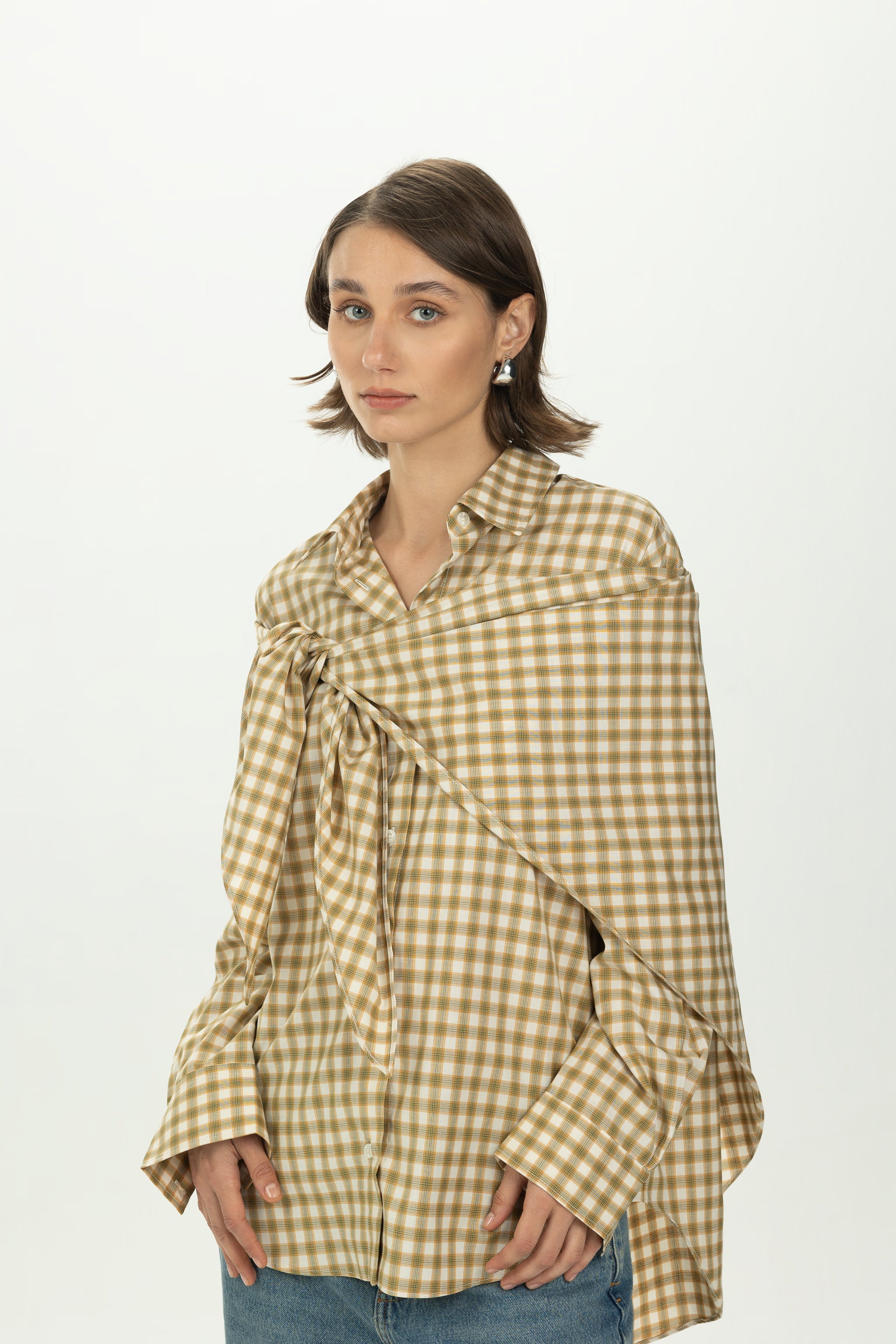 Checked Yellow Multiway Shirt with Detachable Scarf