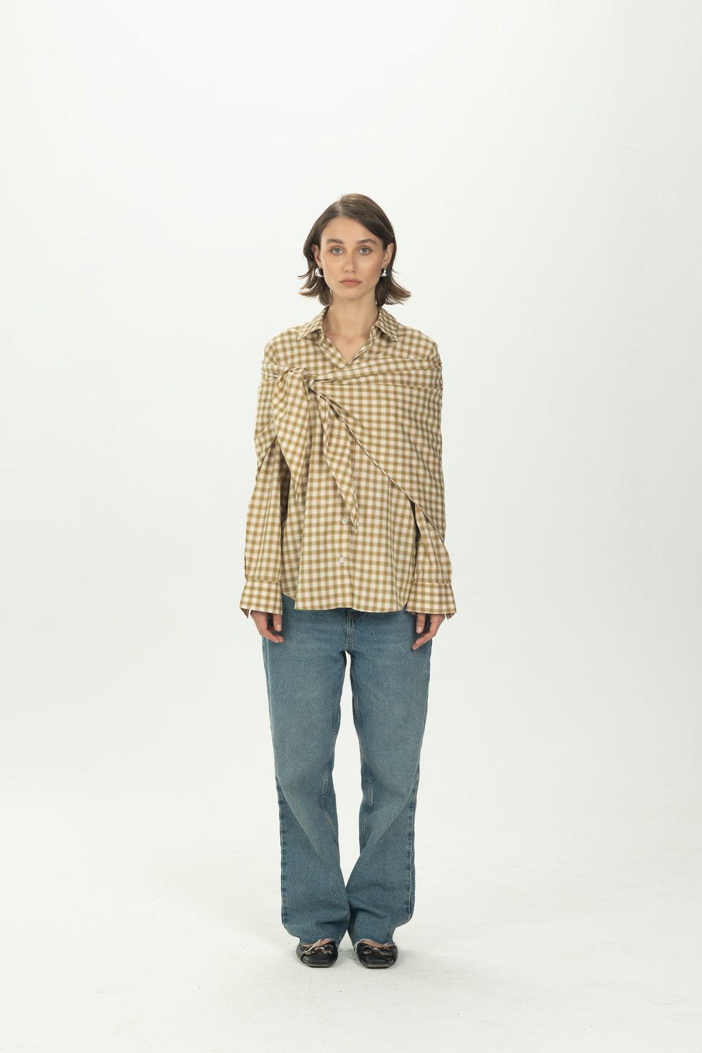Checked Yellow Multiway Shirt with Detachable Scarf