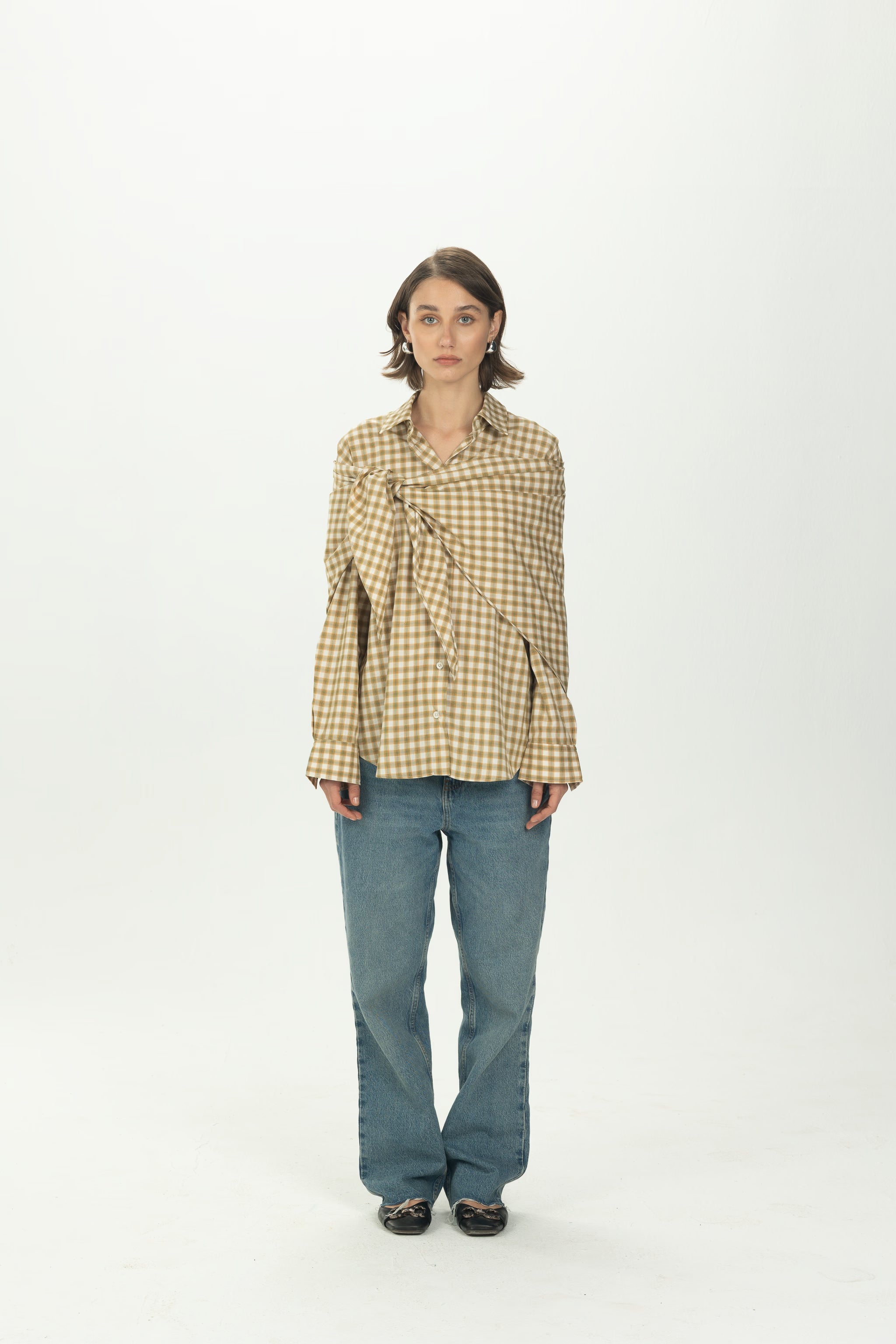 Checked Yellow Multiway Shirt with Detachable Scarf