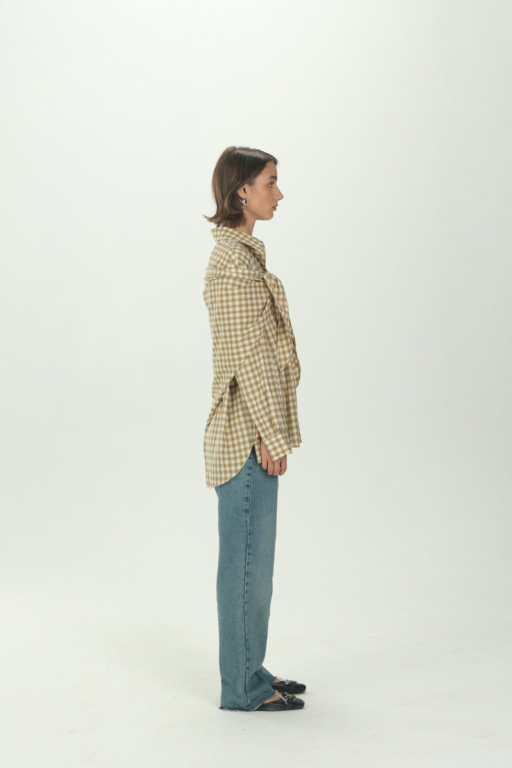 Checked Yellow Multiway Shirt with Detachable Scarf