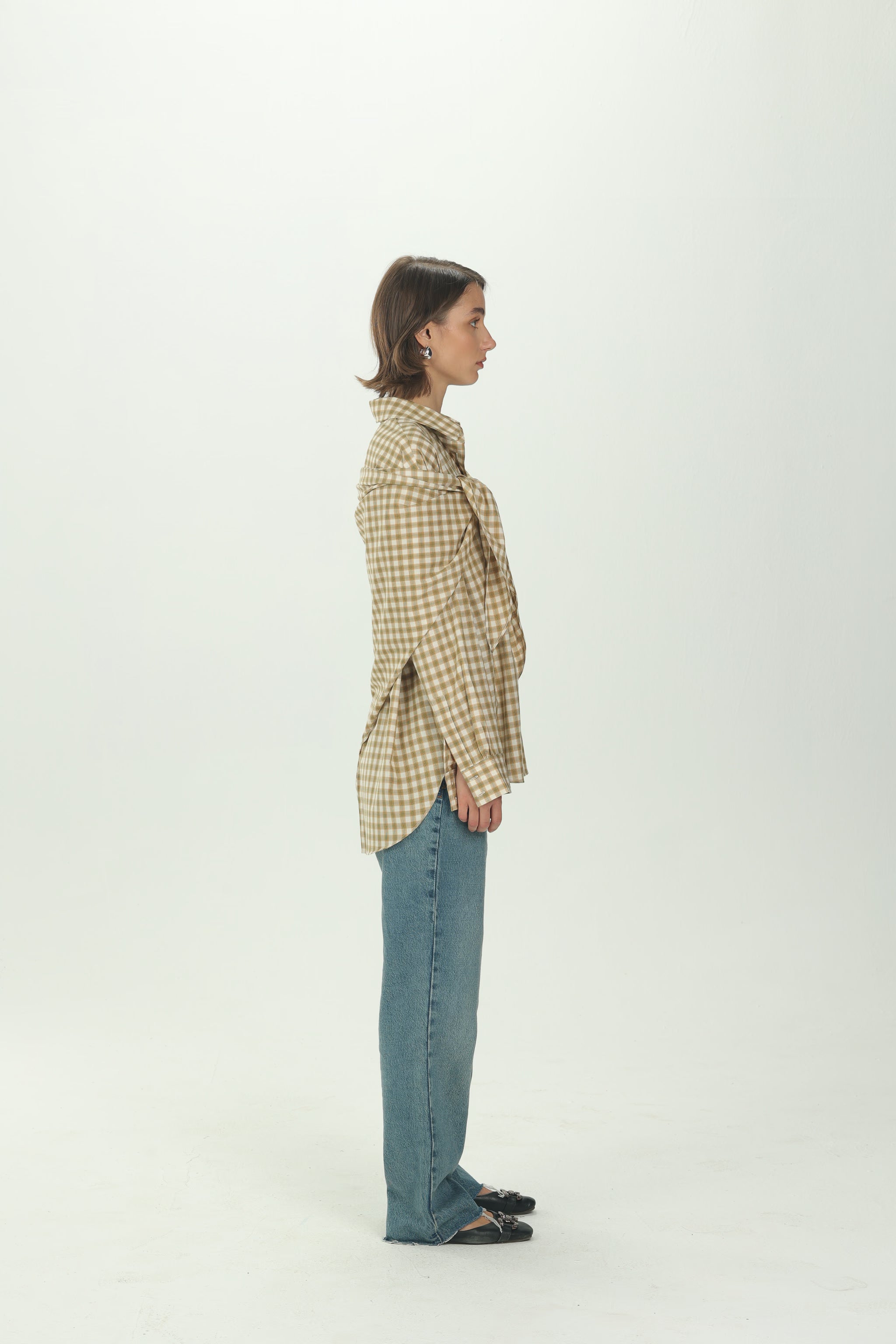 Checked Yellow Multiway Shirt with Detachable Scarf