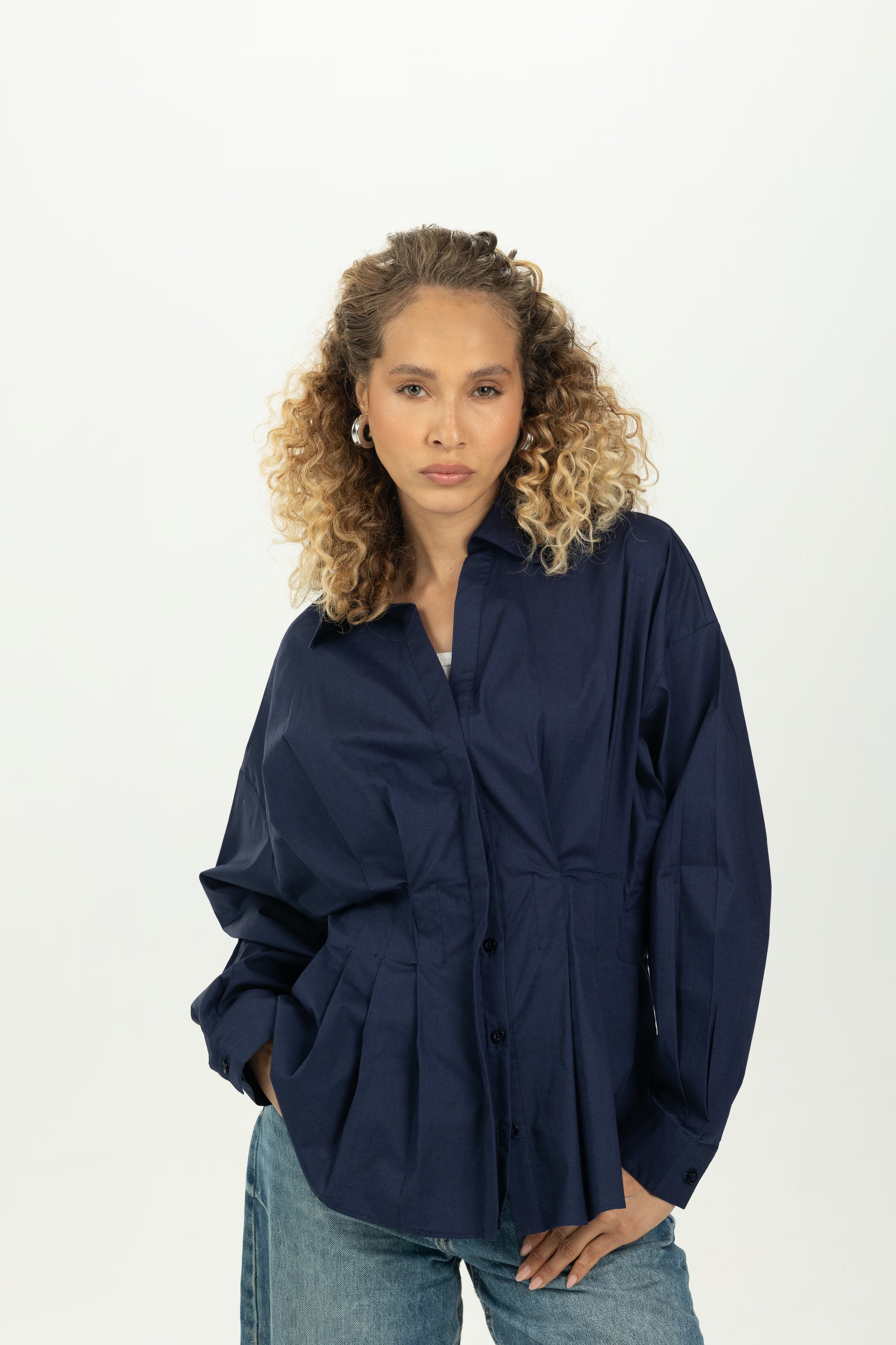 Navy Blue Structured Pleat Shirt