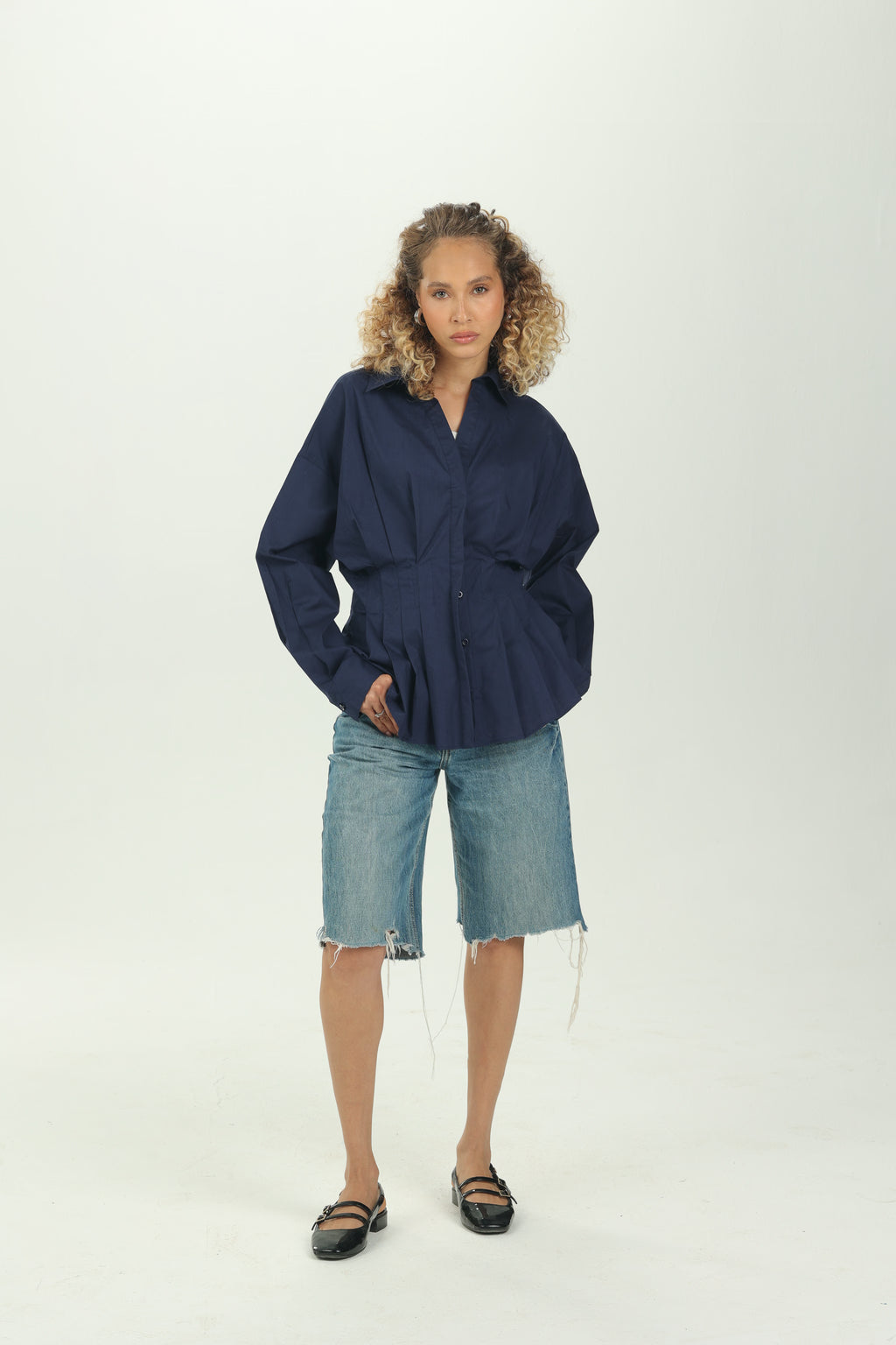 Navy Blue Structured Pleat Shirt
