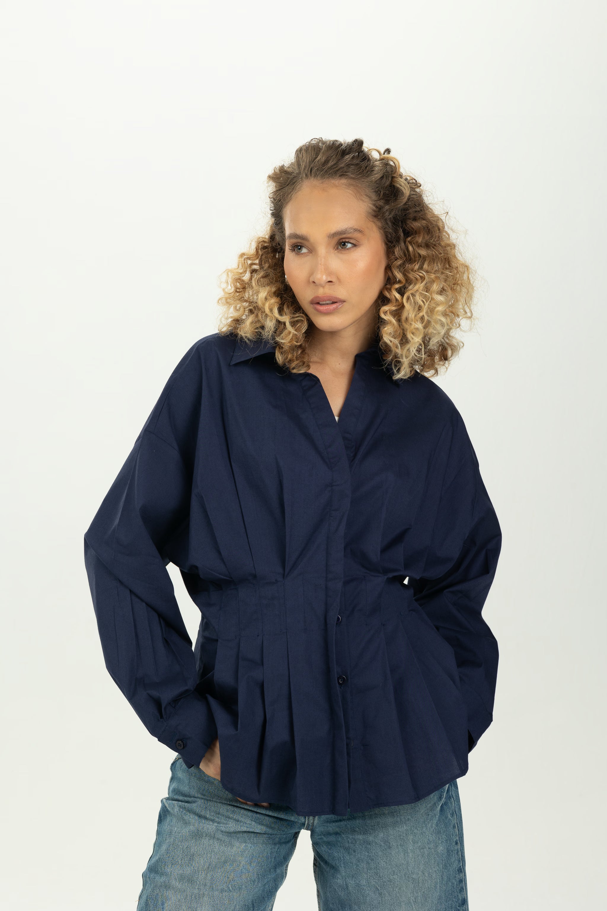 Navy Blue Structured Pleat Shirt