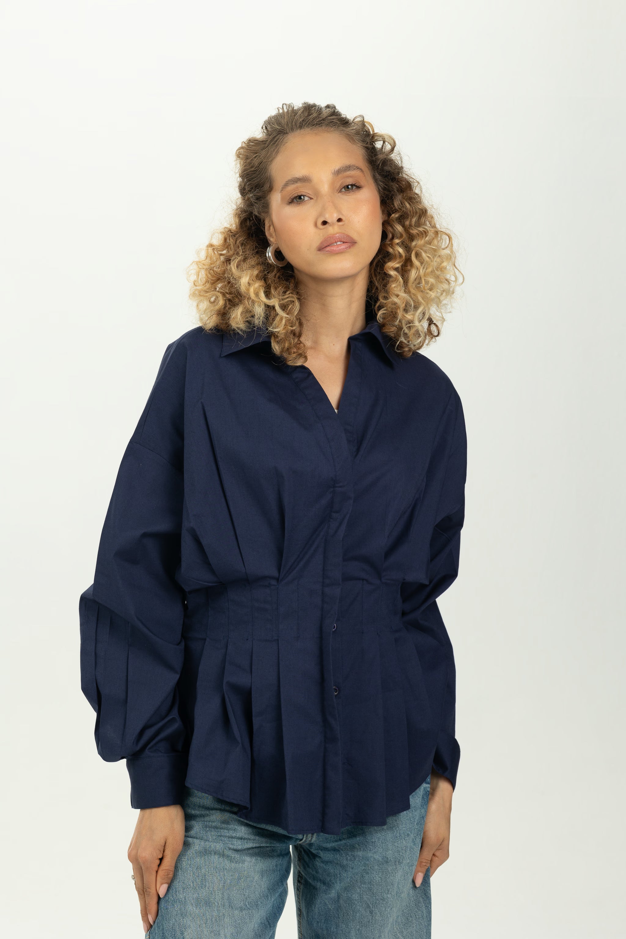 Navy Blue Structured Pleat Shirt