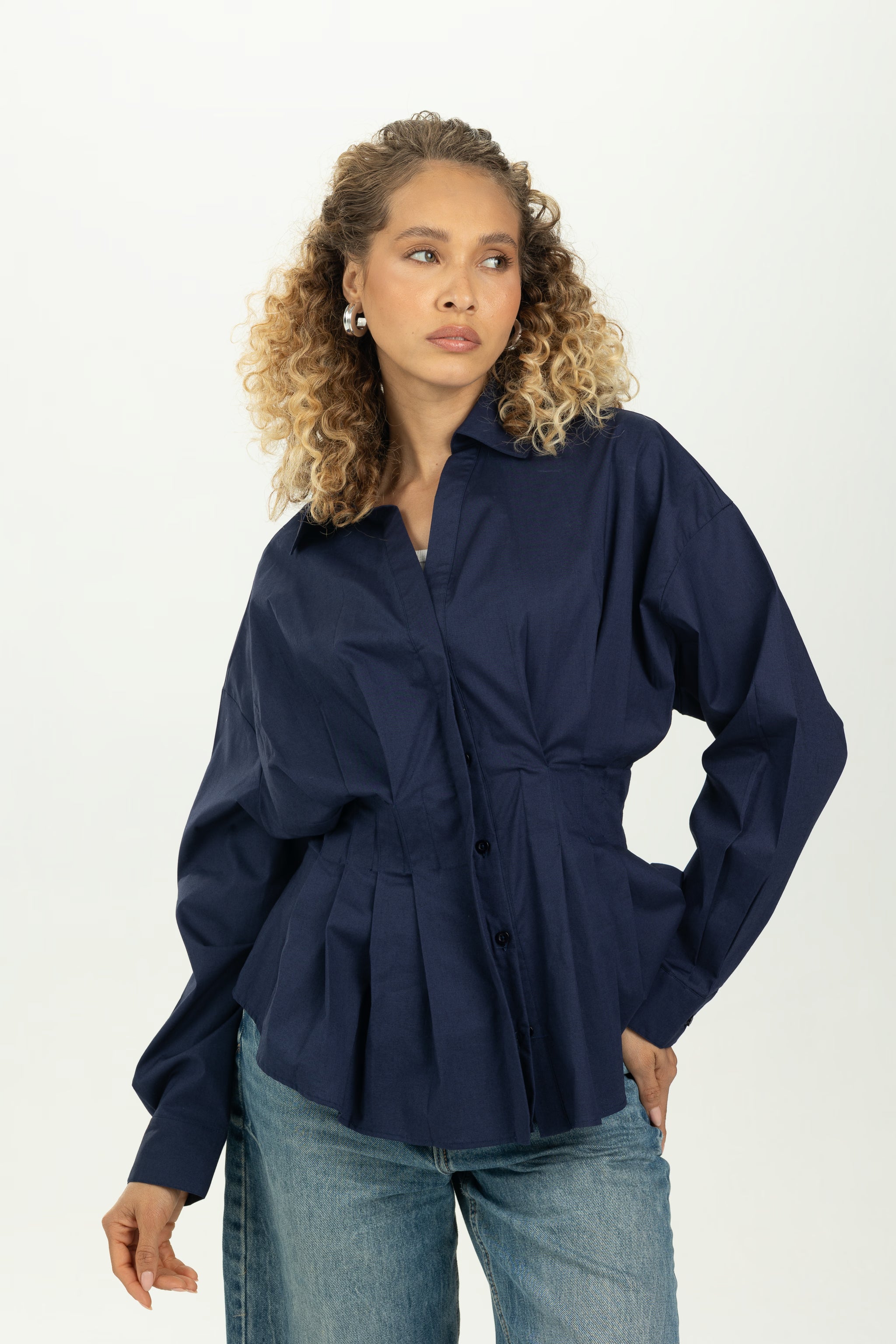 Navy Blue Structured Pleat Shirt