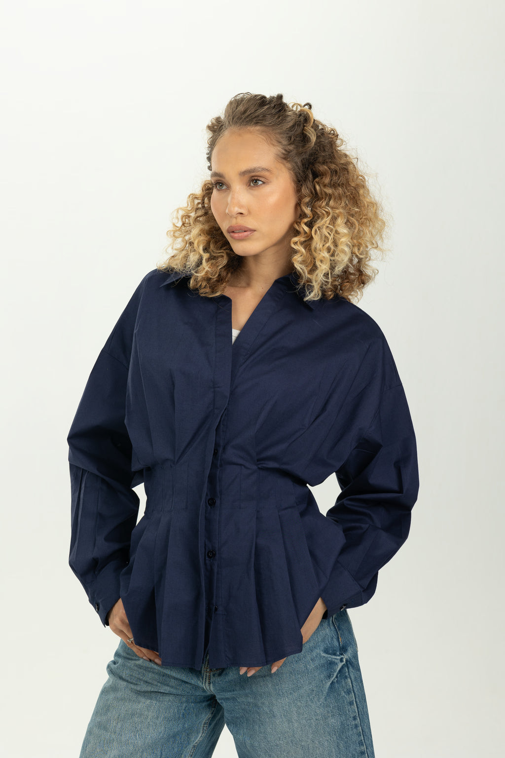 Navy Blue Structured Pleat Shirt