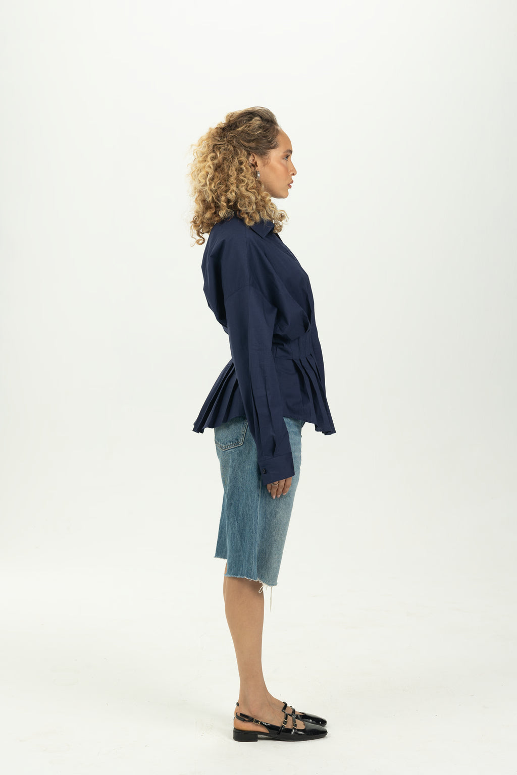 Navy Blue Structured Pleat Shirt