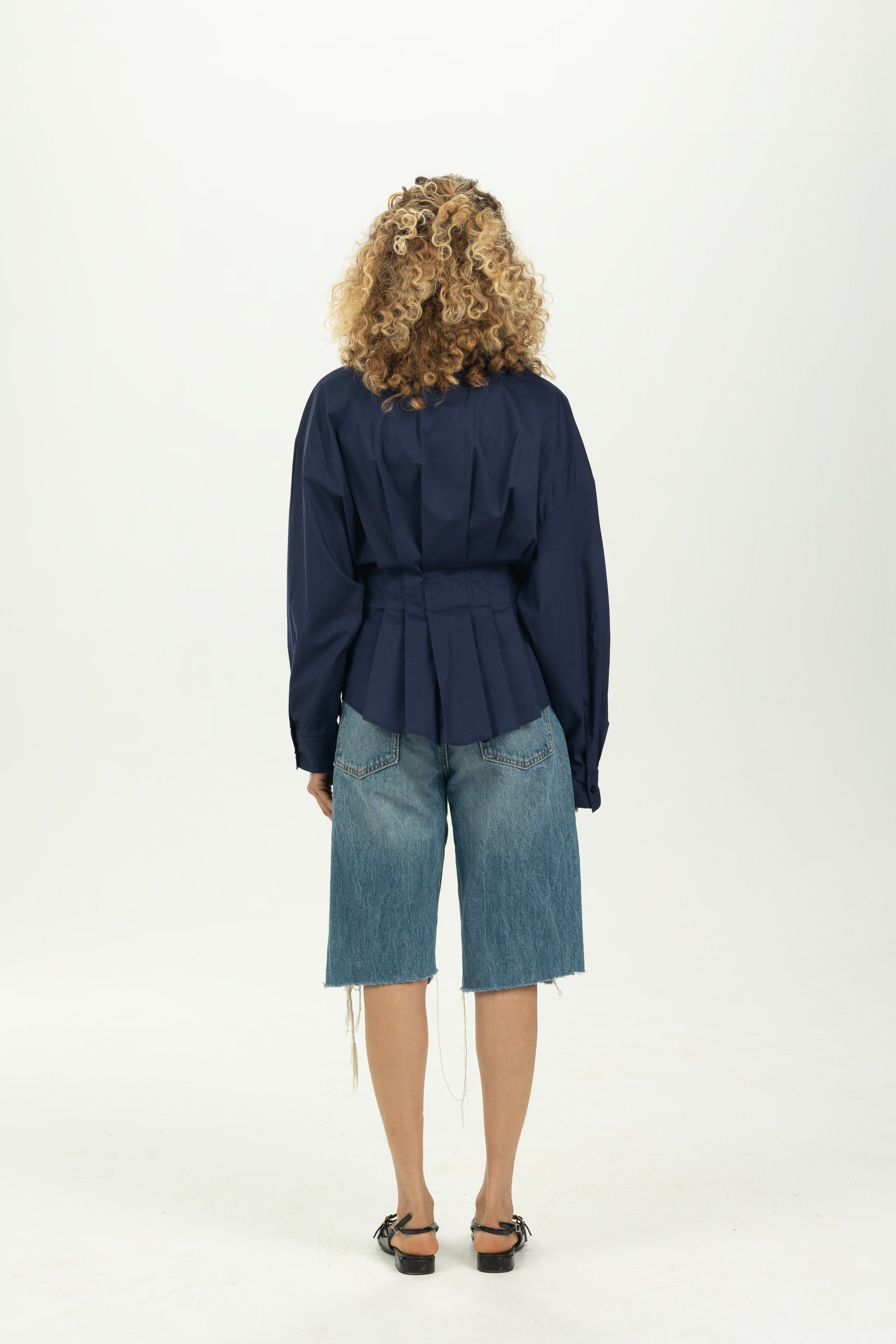 Navy Blue Structured Pleat Shirt