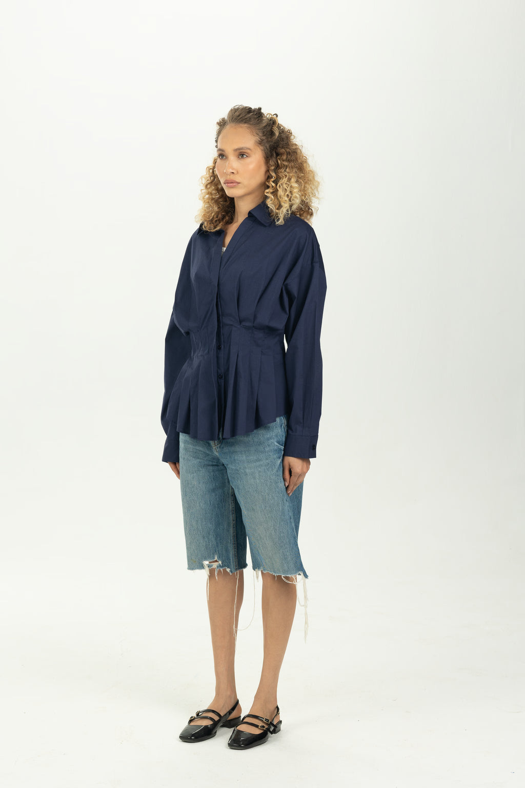 Navy Blue Structured Pleat Shirt