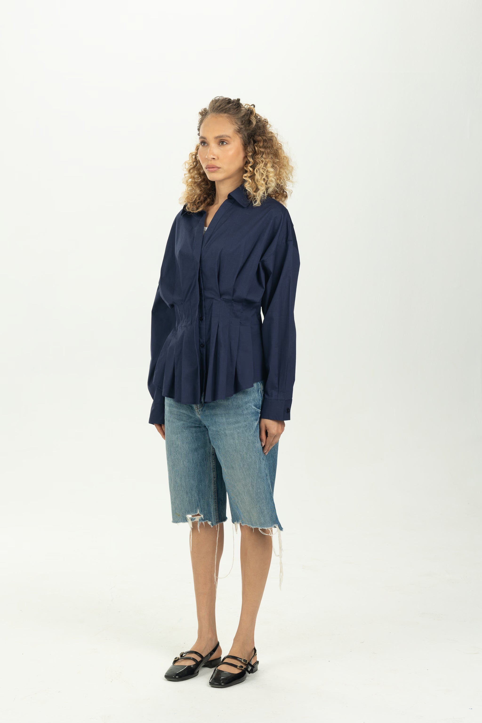 Navy Blue Structured Pleat Shirt