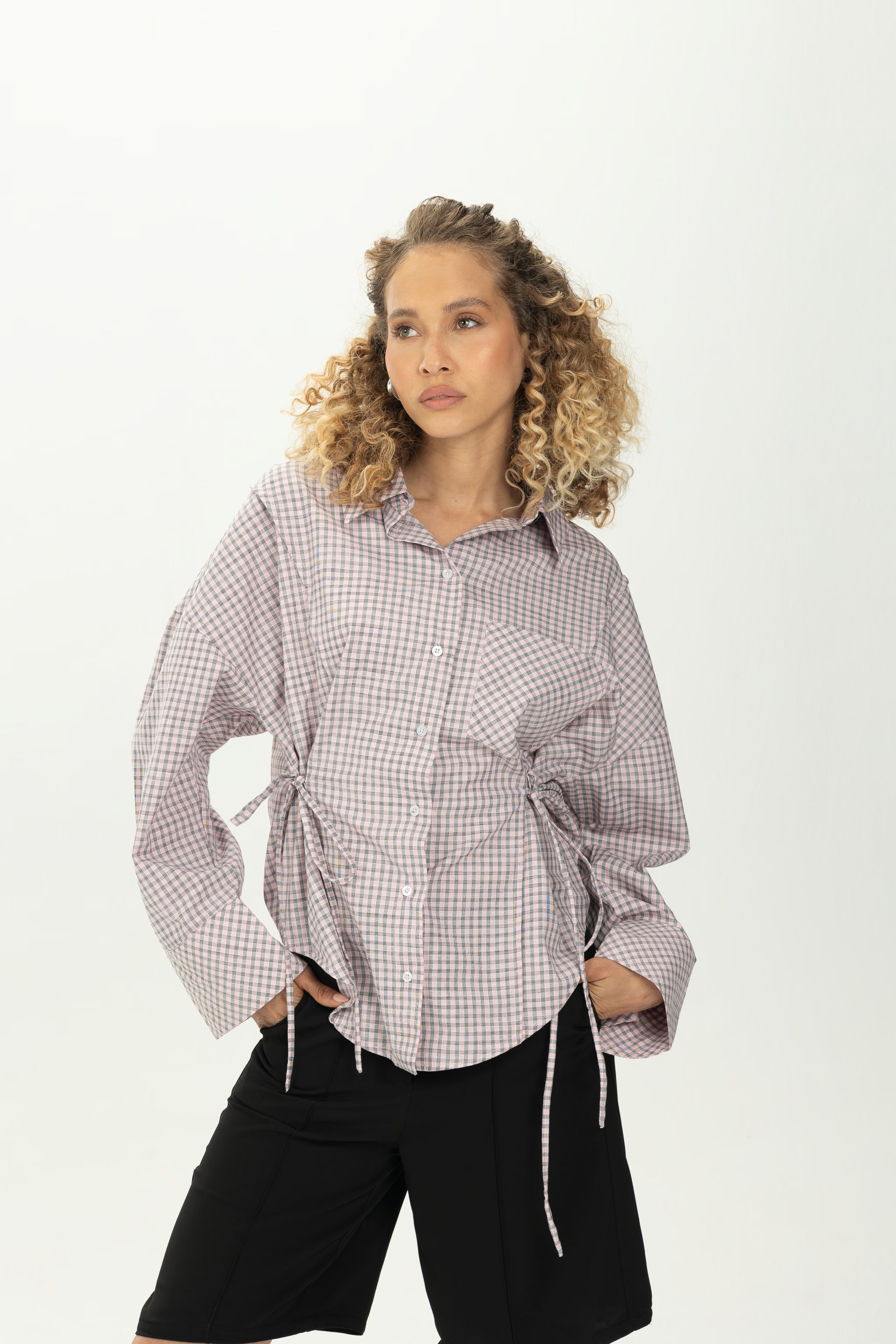 Checked Pink Side Tie Multiway Shirt