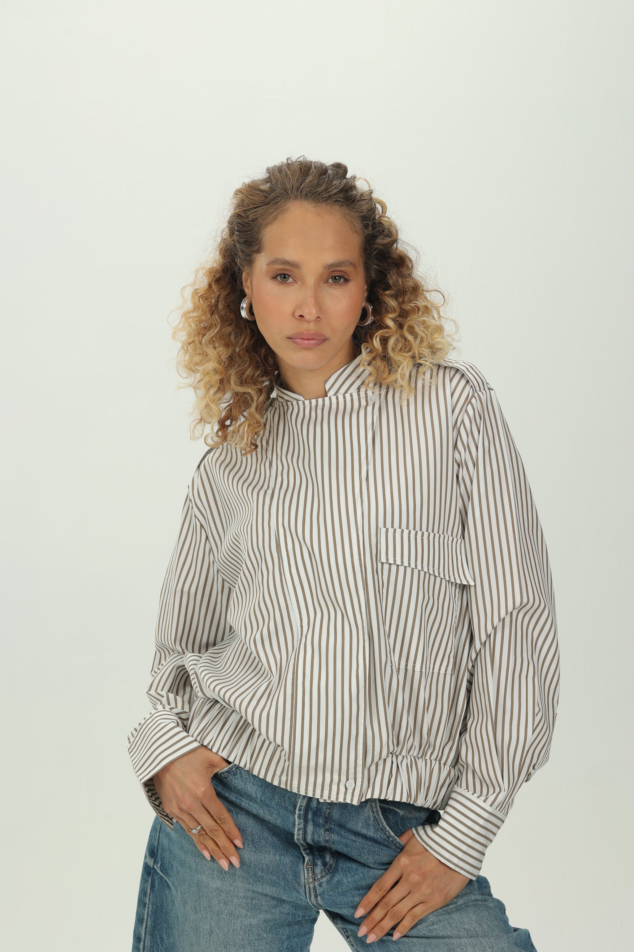 Striped Olive Folded Collar Shirt with Elastic Hem
