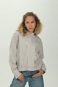 Striped Olive Folded Collar Shirt with Elastic Hem