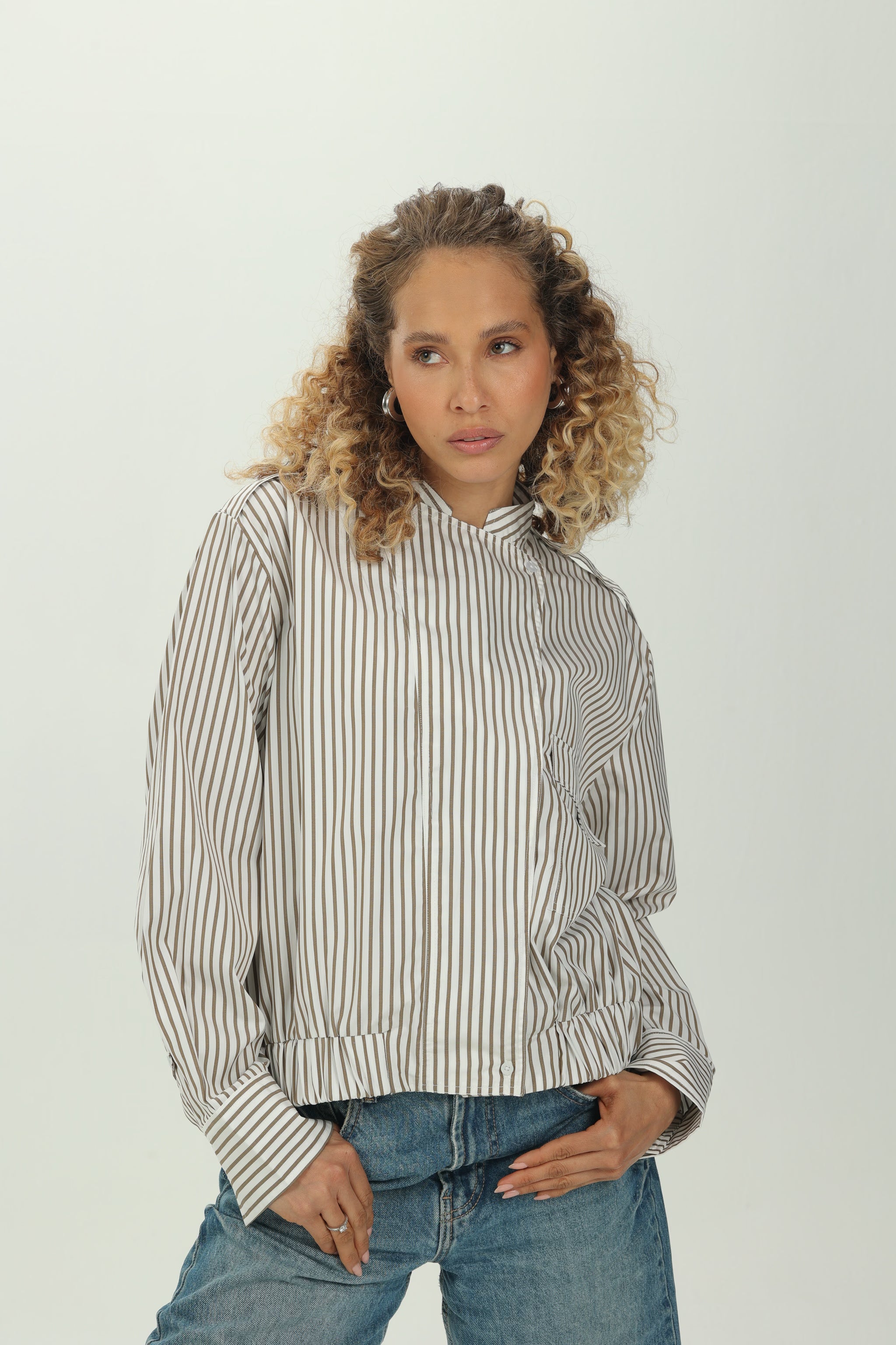 Striped Olive Folded Collar Shirt with Elastic Hem
