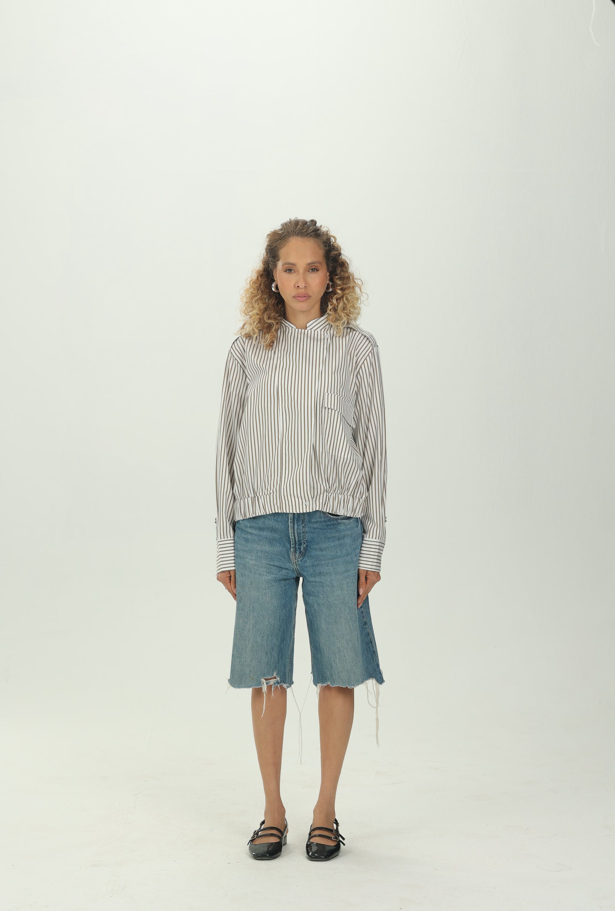 Striped Olive Folded Collar Shirt with Elastic Hem