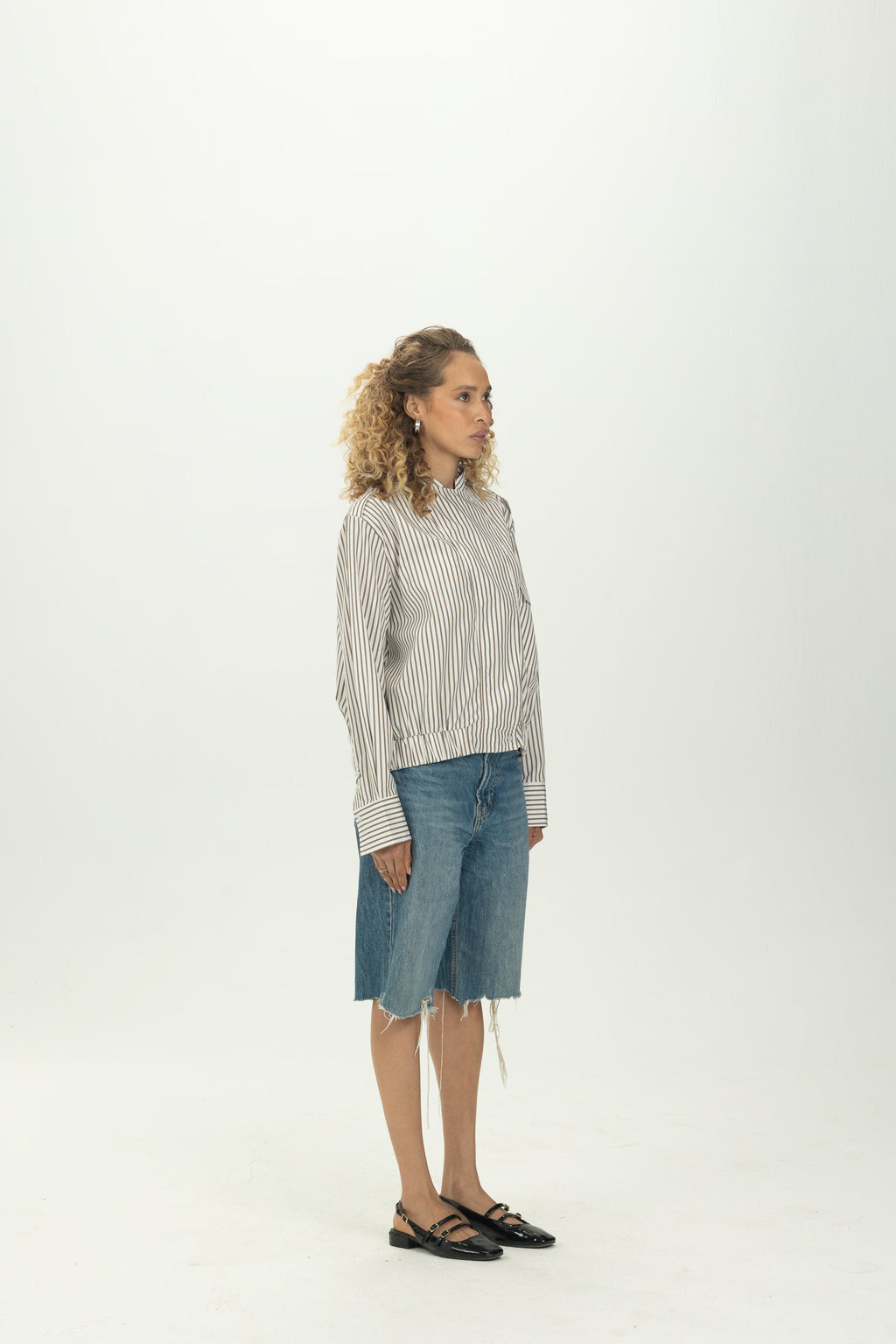 Striped Olive Folded Collar Shirt with Elastic Hem