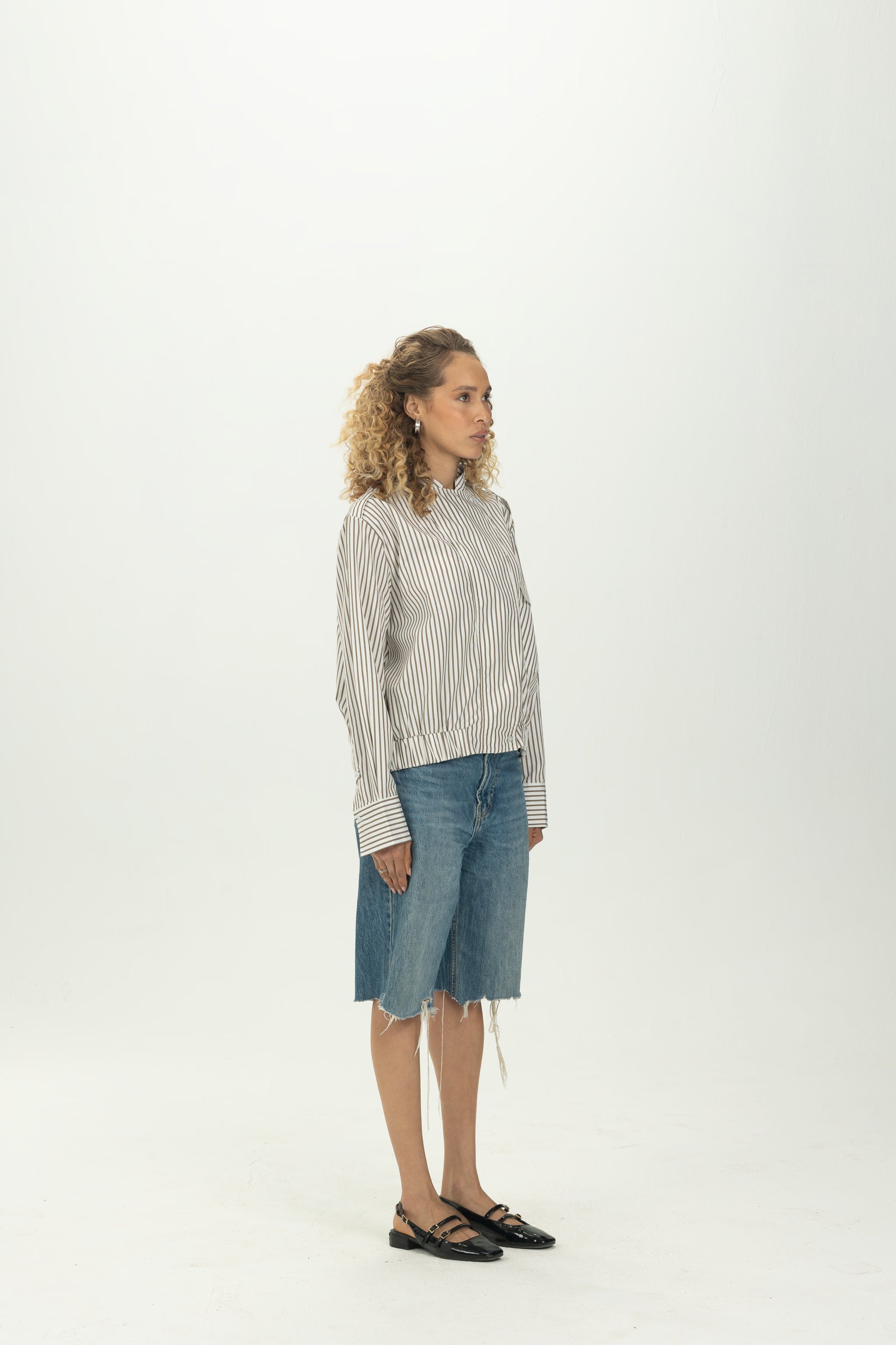 Striped Olive Folded Collar Shirt with Elastic Hem