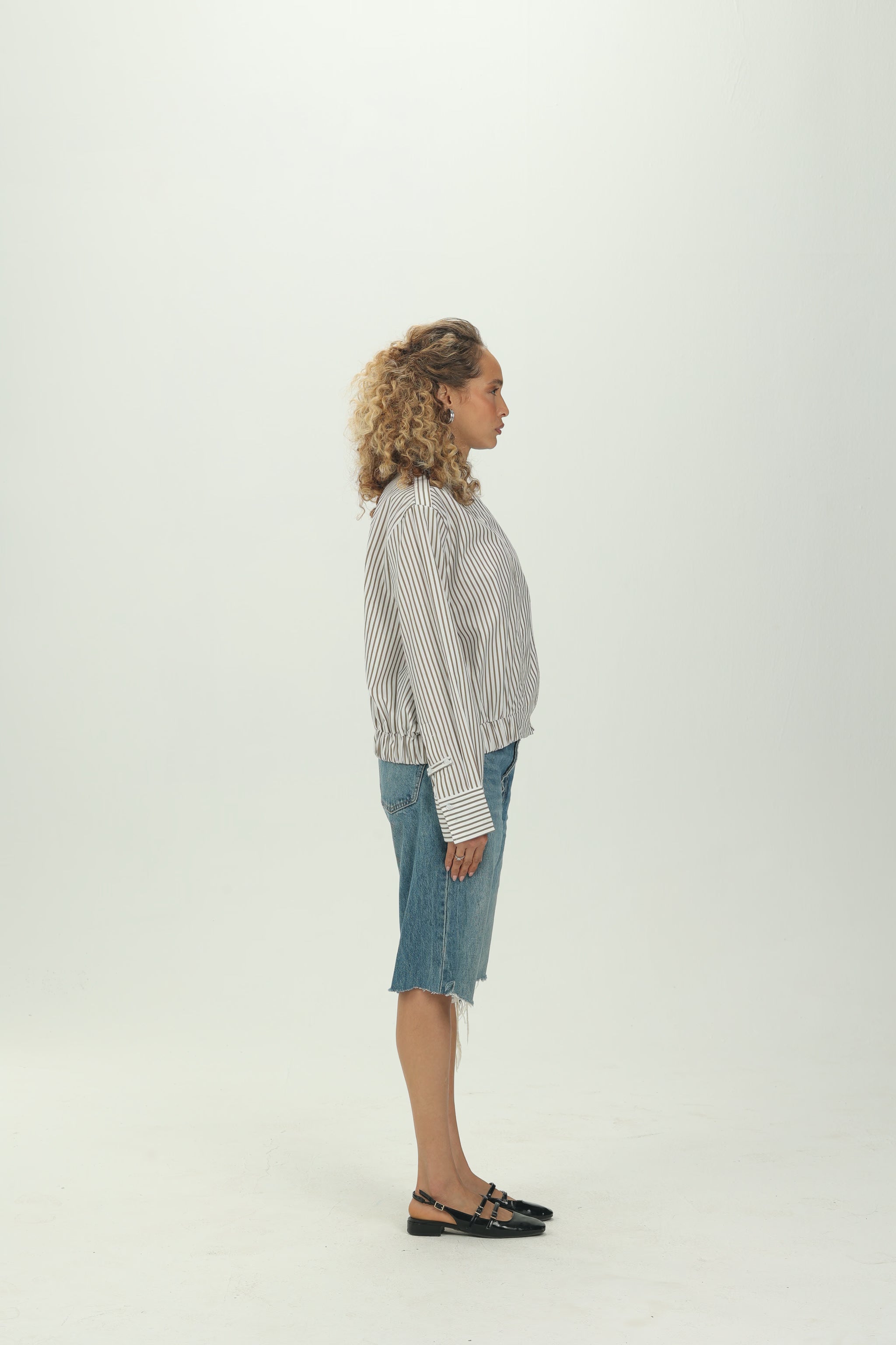 Striped Olive Folded Collar Shirt with Elastic Hem