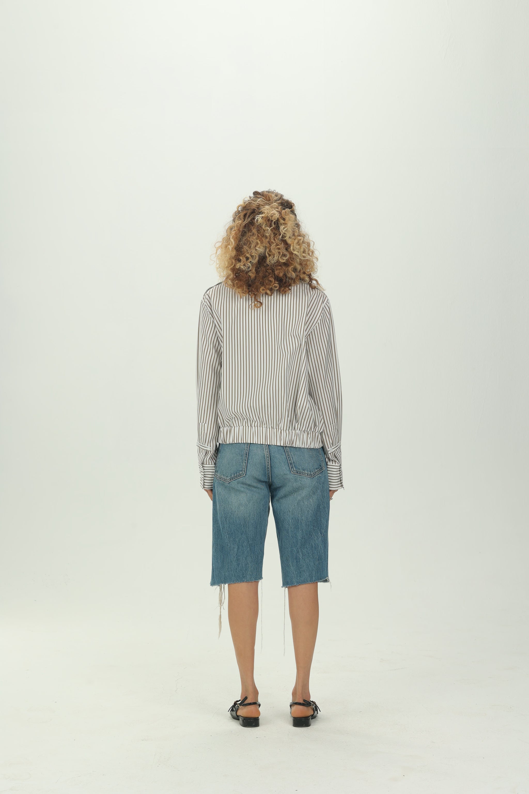 Striped Olive Folded Collar Shirt with Elastic Hem