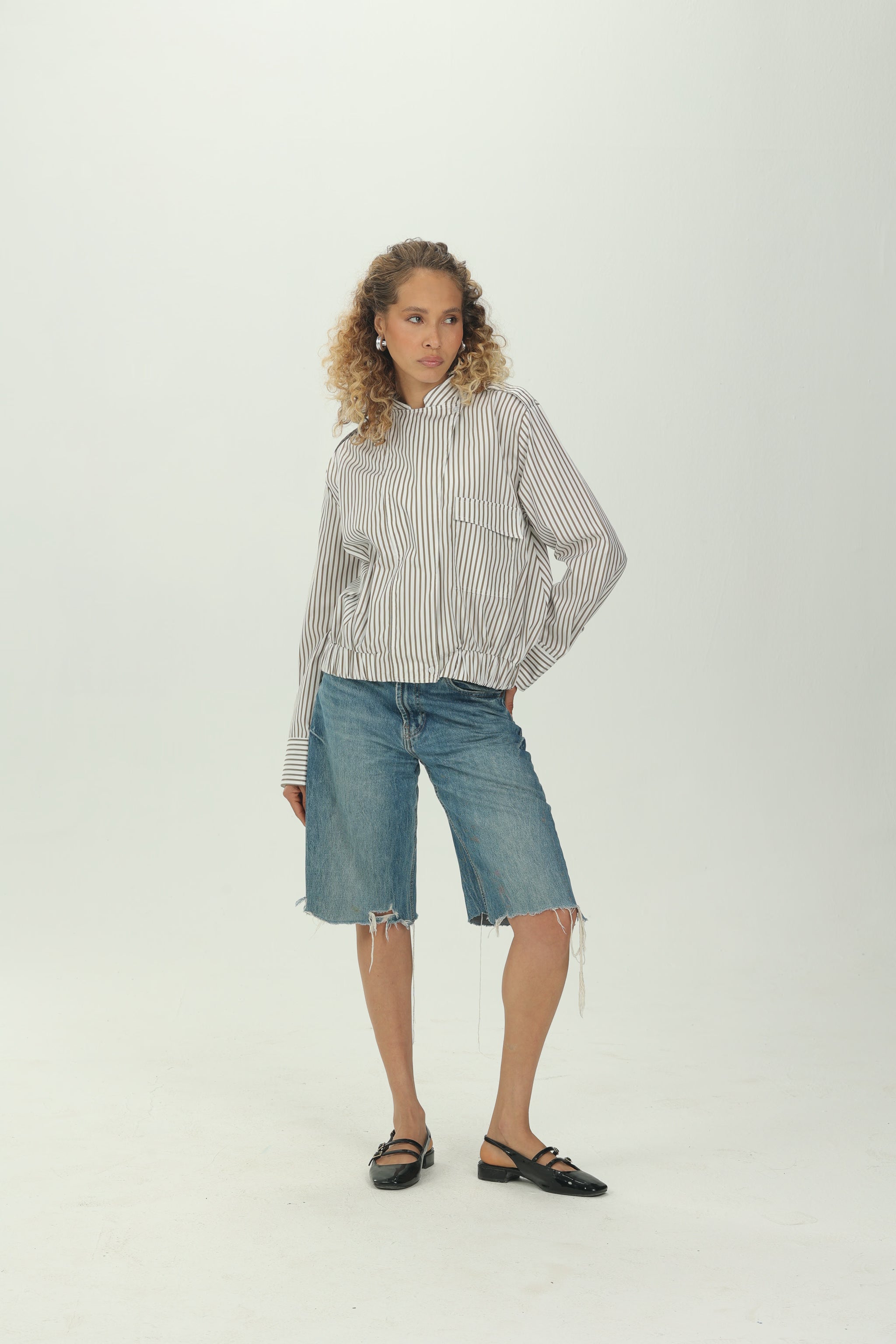 Striped Olive Folded Collar Shirt with Elastic Hem