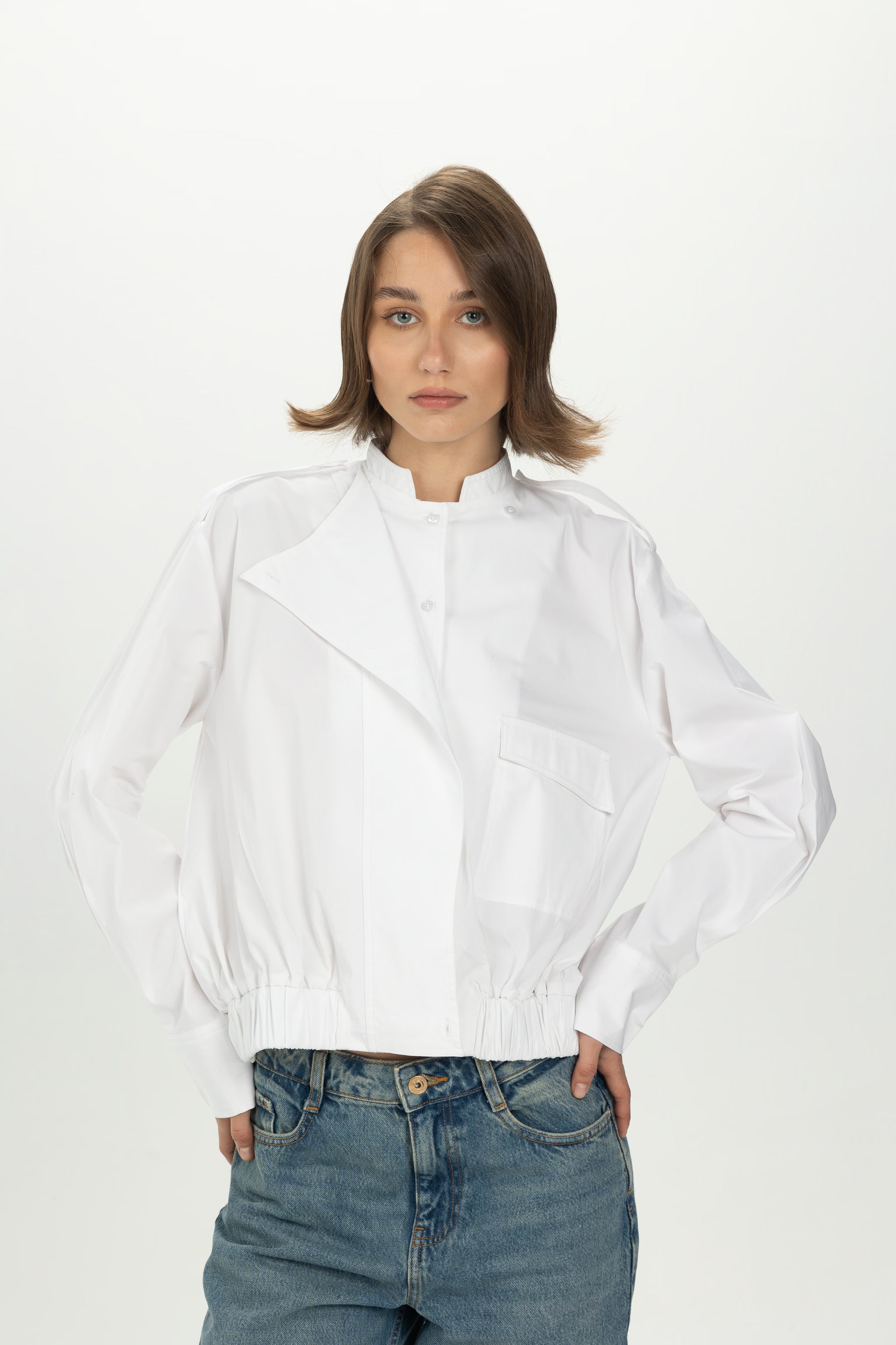 White Folded Collar Shirt with Elastic Hem