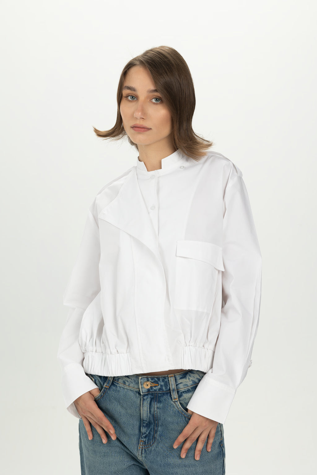 White Folded Collar Shirt with Elastic Hem