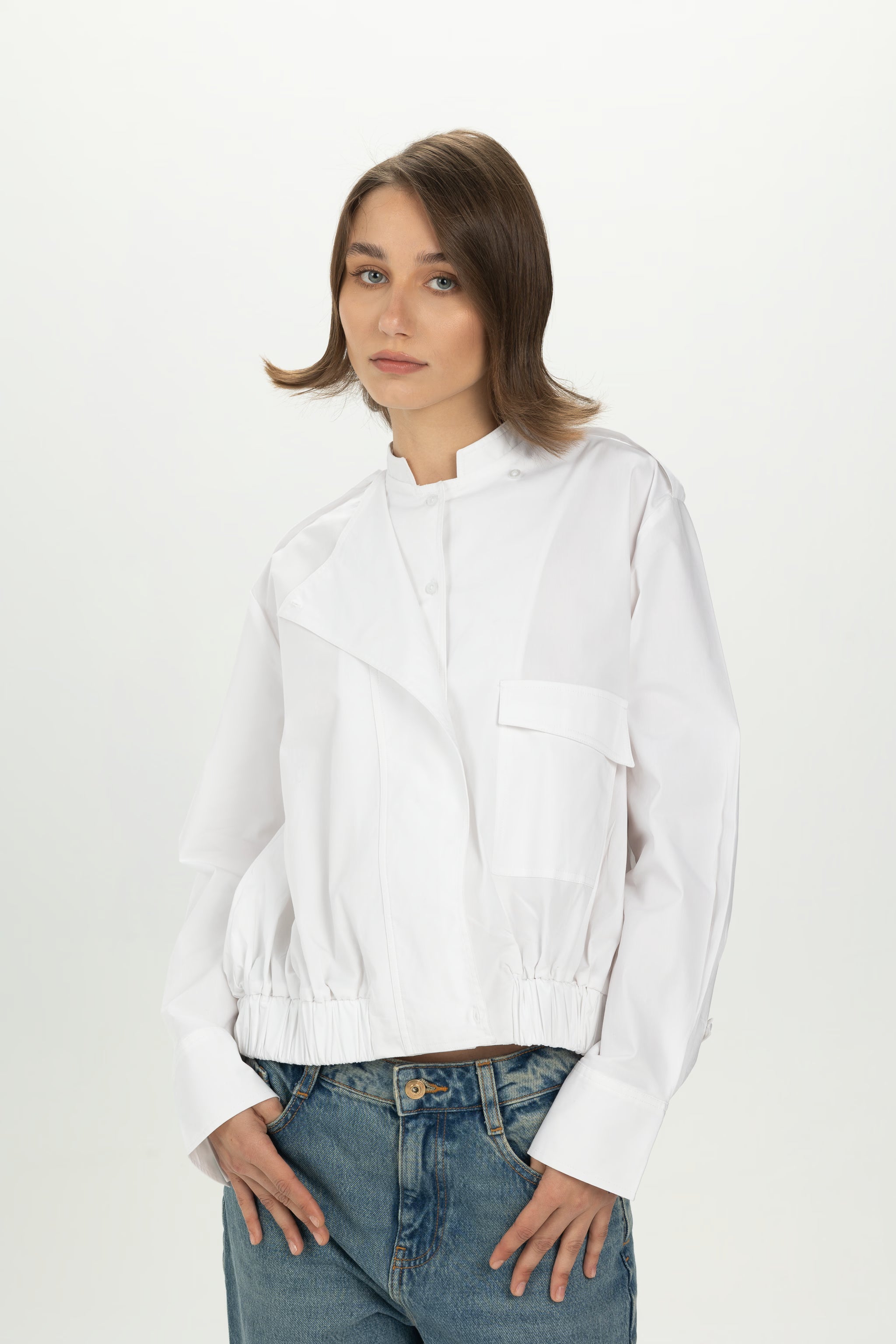 White Folded Collar Shirt with Elastic Hem