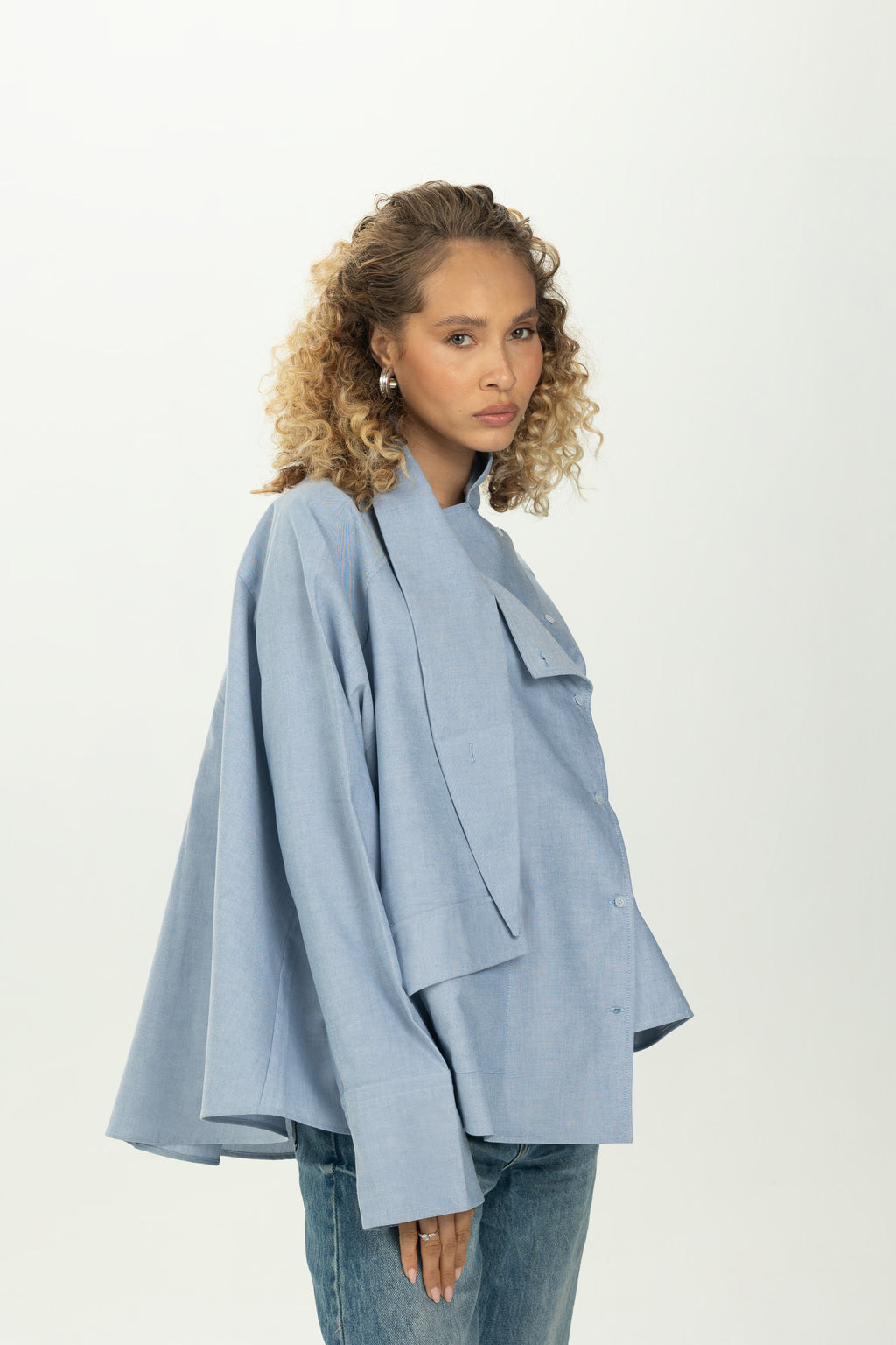 Baby Blue High Collar Asymmetric Shirt