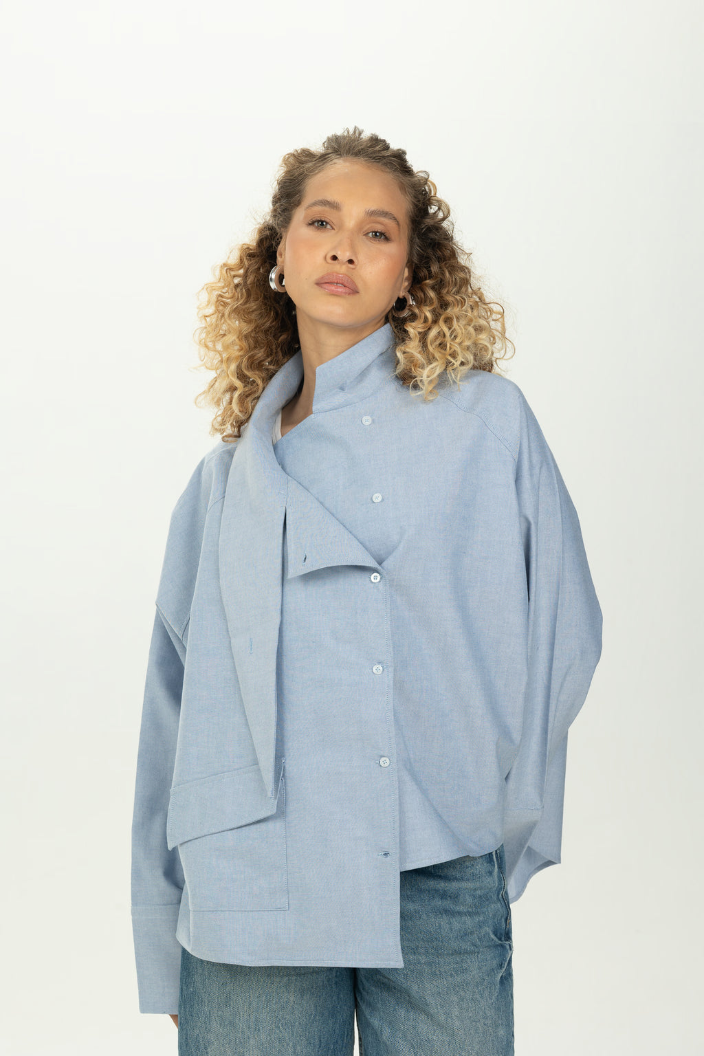 Baby Blue High Collar Asymmetric Shirt