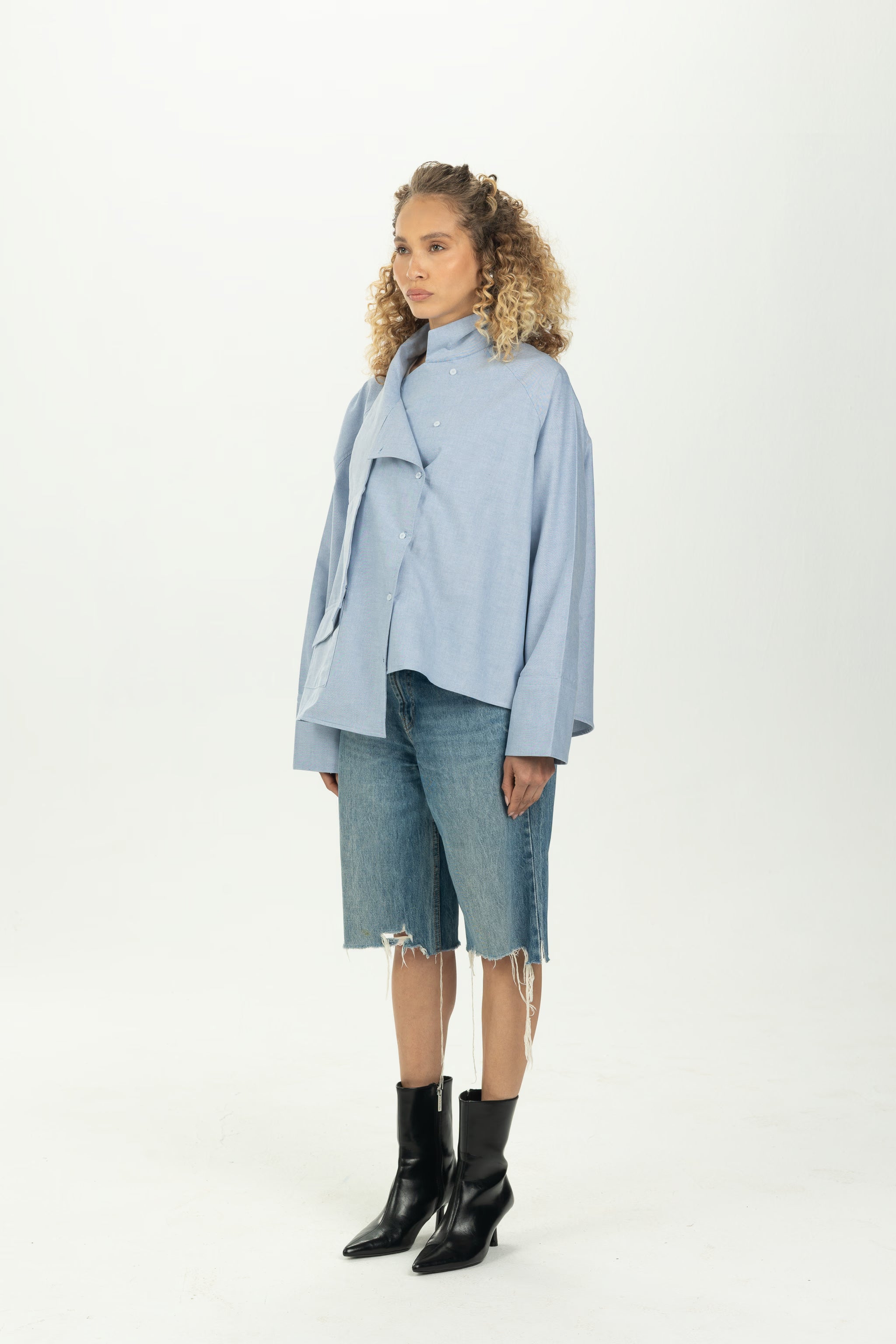 Baby Blue High Collar Asymmetric Shirt