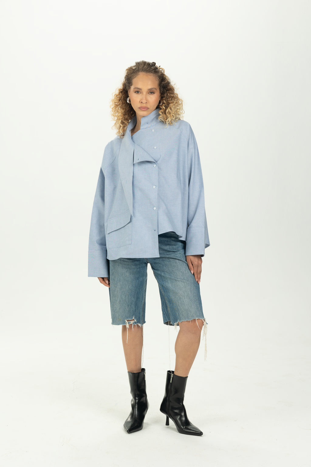 Baby Blue High Collar Asymmetric Shirt