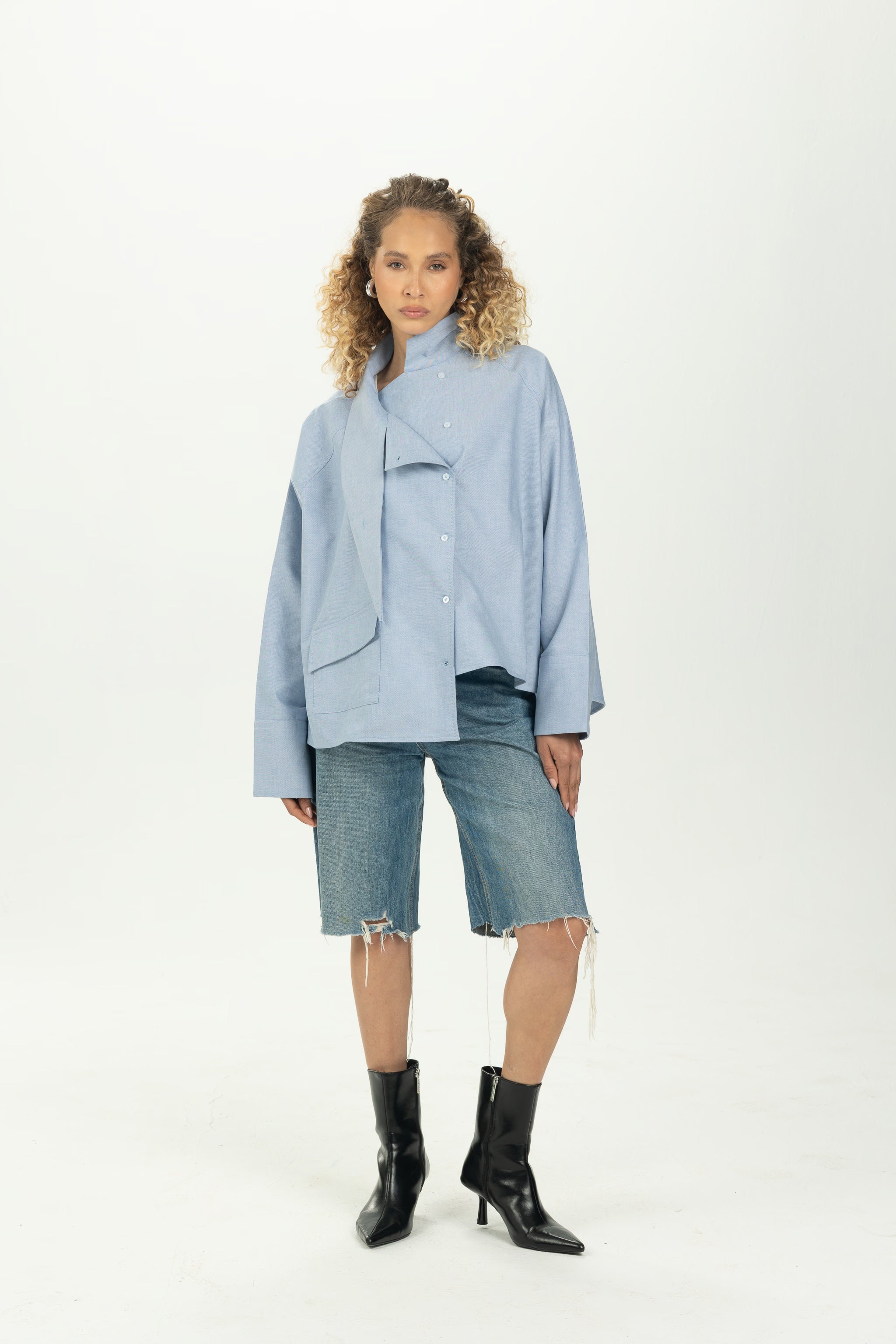 Baby Blue High Collar Asymmetric Shirt