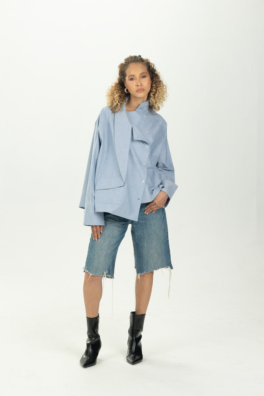 Baby Blue High Collar Asymmetric Shirt