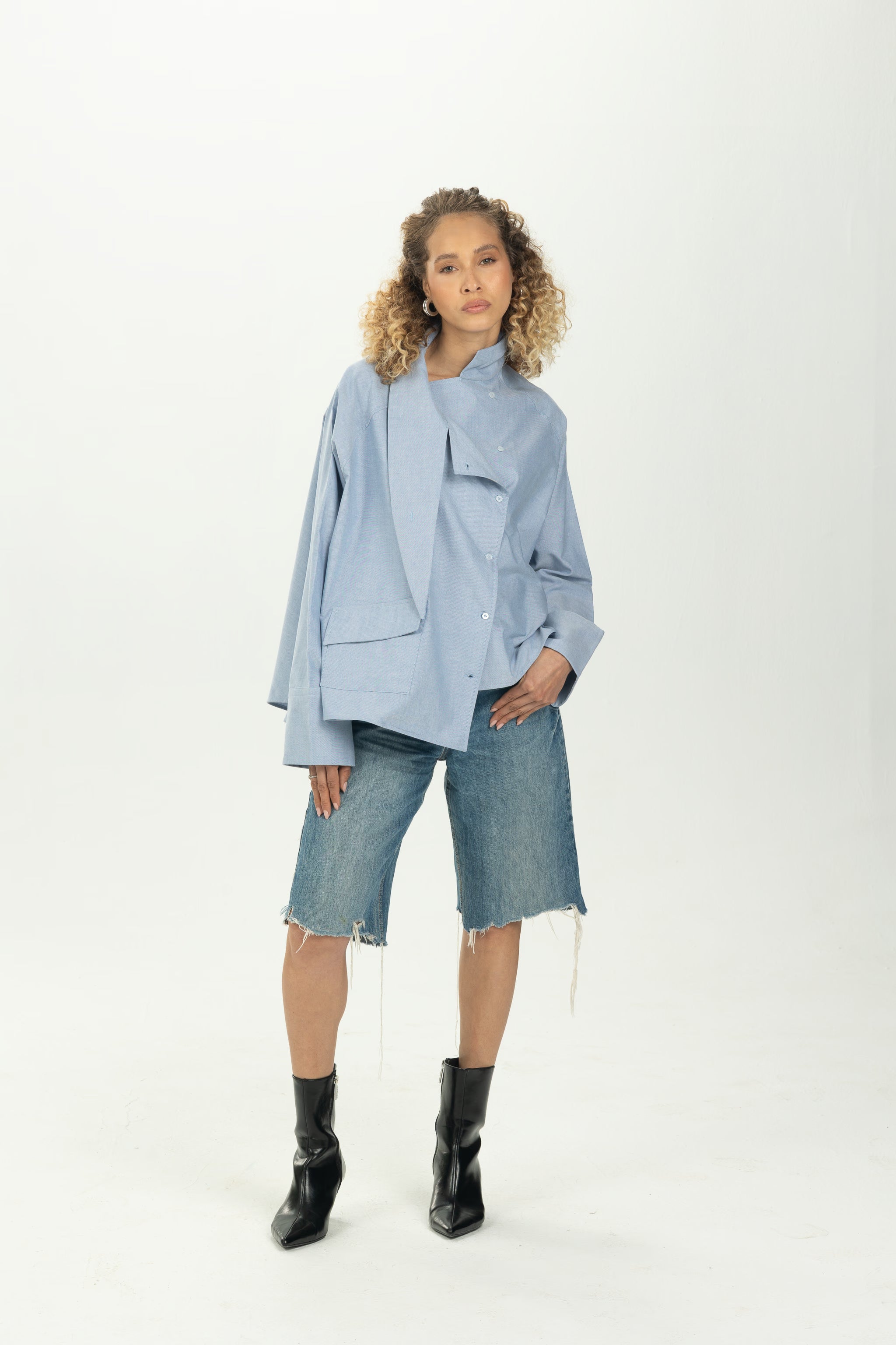 Baby Blue High Collar Asymmetric Shirt
