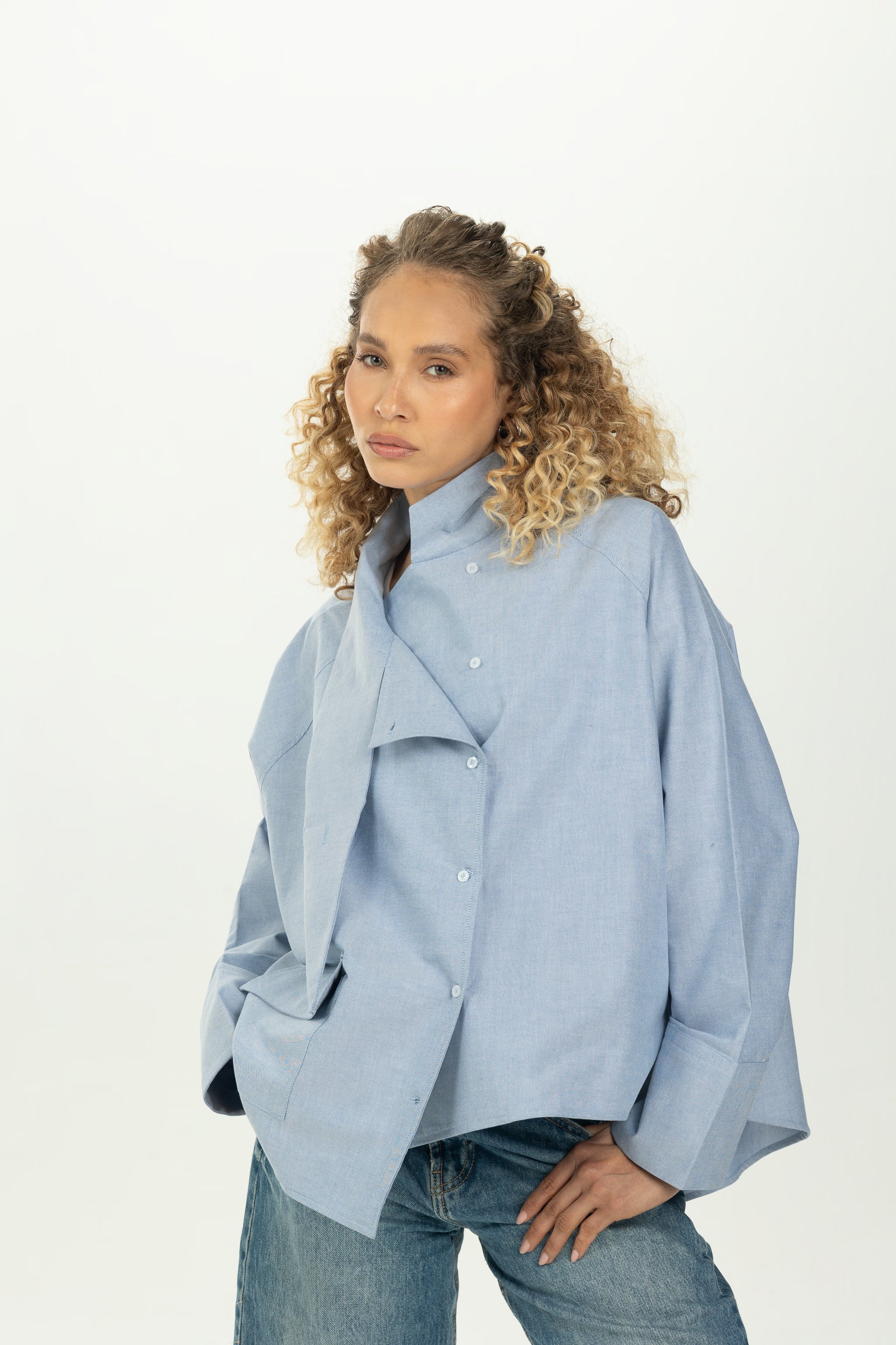 Baby Blue High Collar Asymmetric Shirt