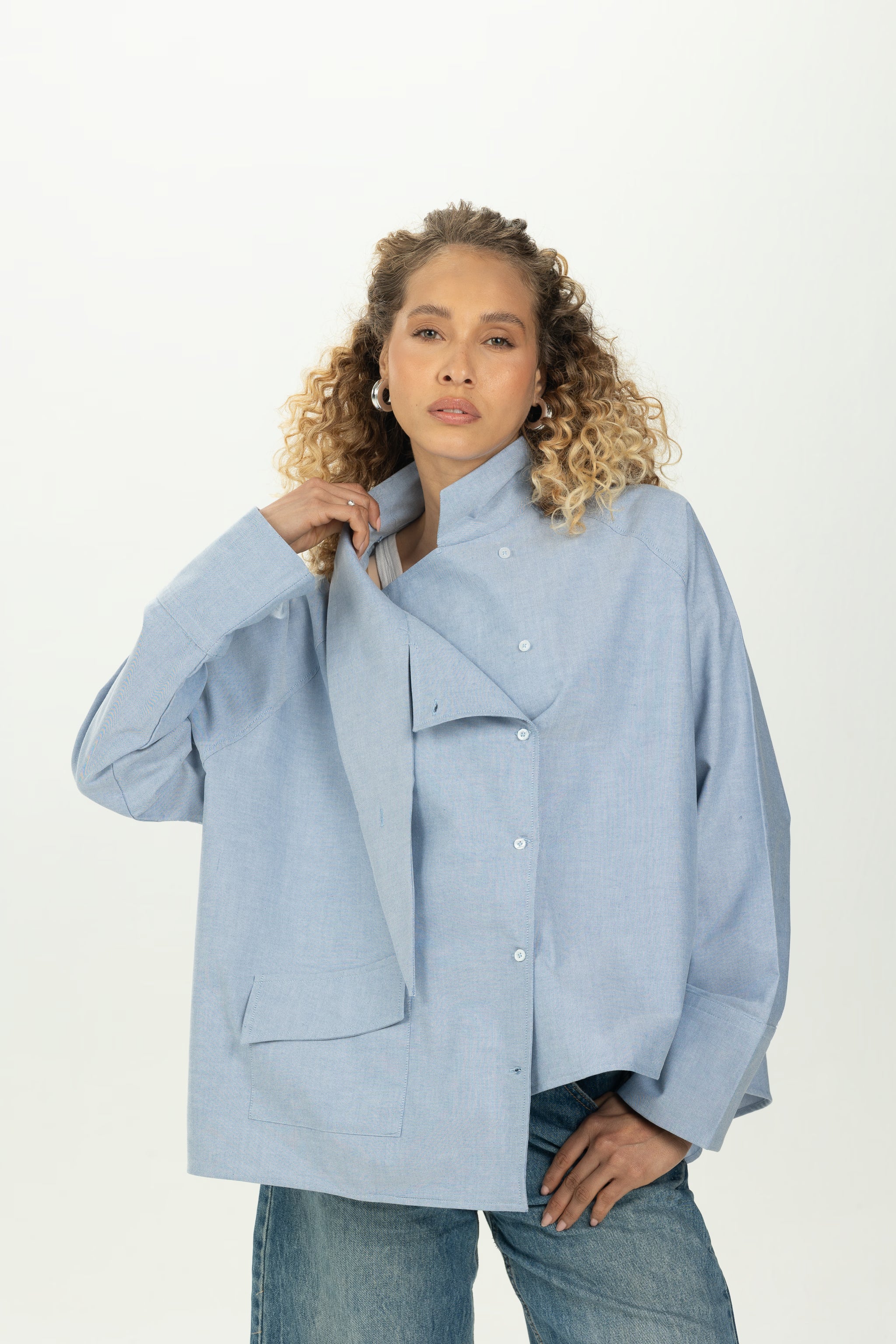 Baby Blue High Collar Asymmetric Shirt