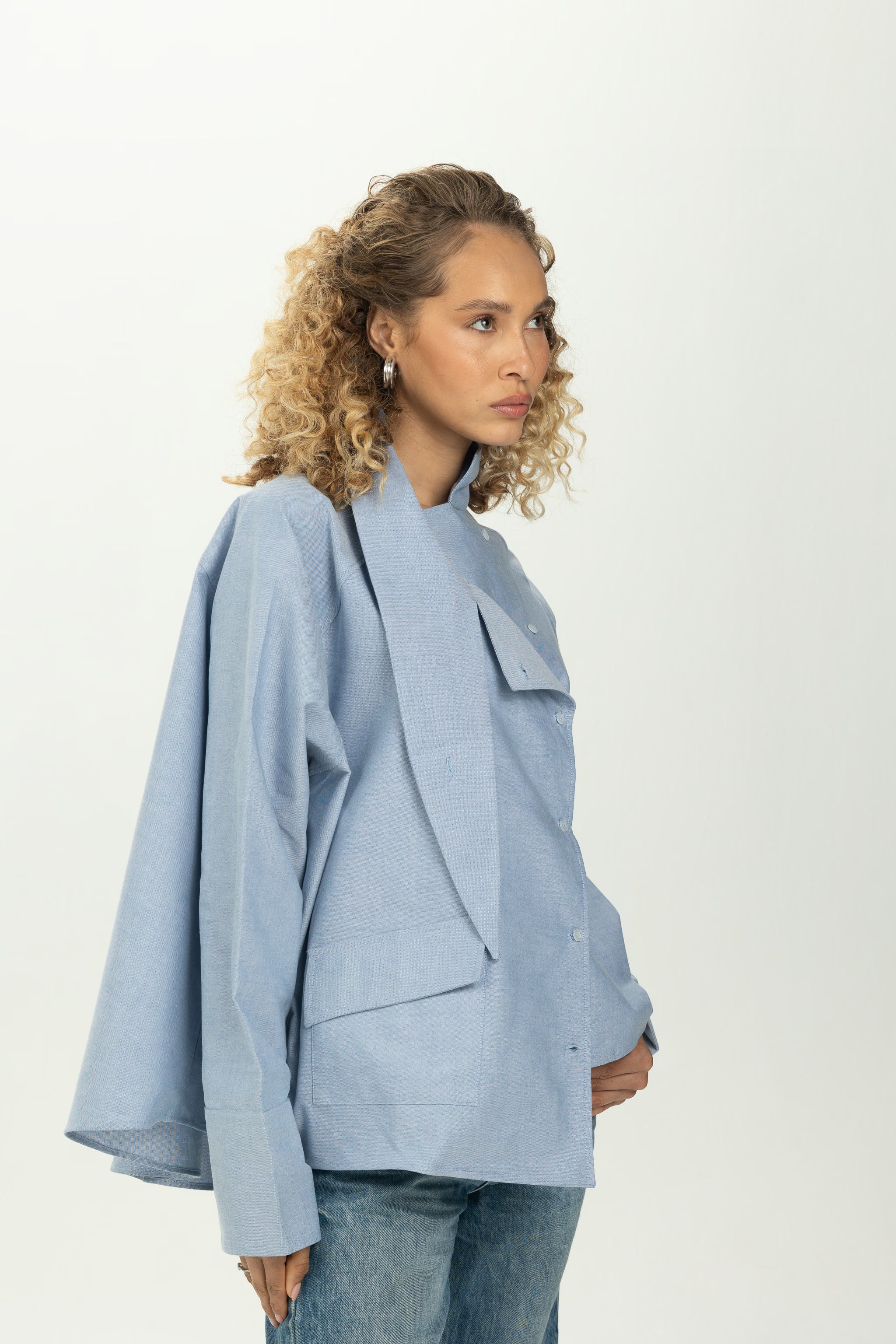 Baby Blue High Collar Asymmetric Shirt