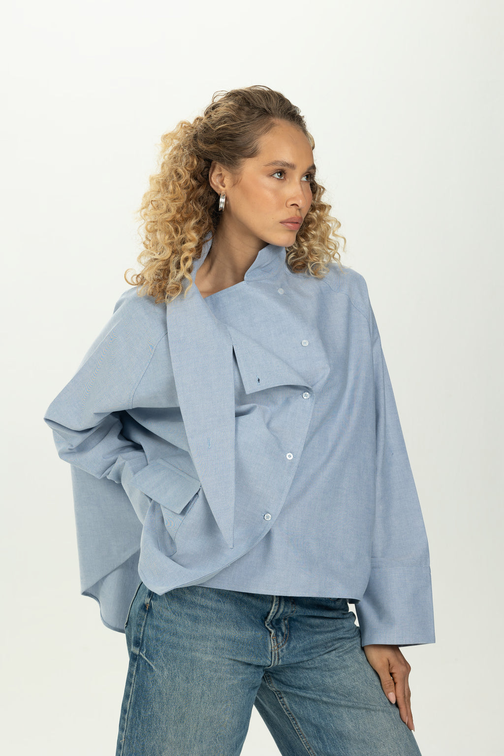Baby Blue High Collar Asymmetric Shirt